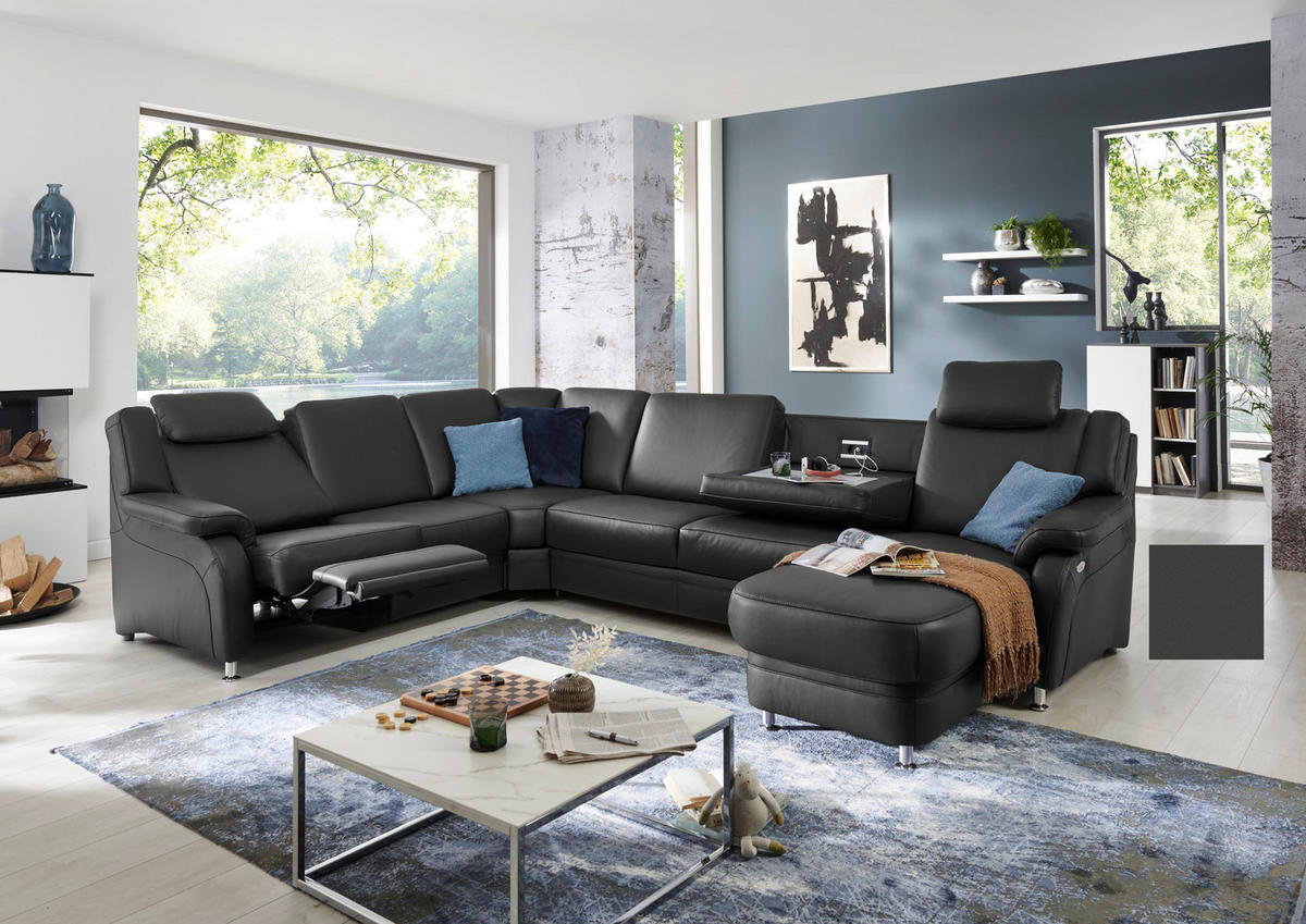 WOHNLANDSCHAFT in Echtleder Anthrazit  - Anthrazit/Alufarben, Konventionell, Leder/Metall (239/329/165cm) - Beldomo Premium