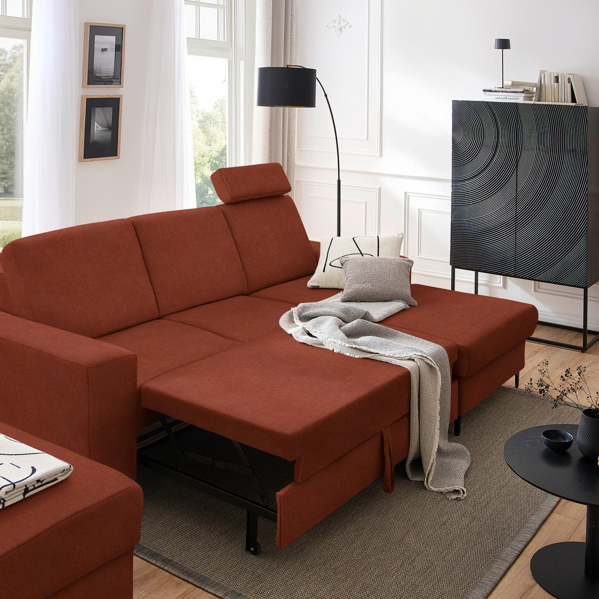 ECKSOFA in Velours Rostfarben  - Rostfarben/Schwarz, Konventionell, Textil/Metall (247/167cm) - Stylife