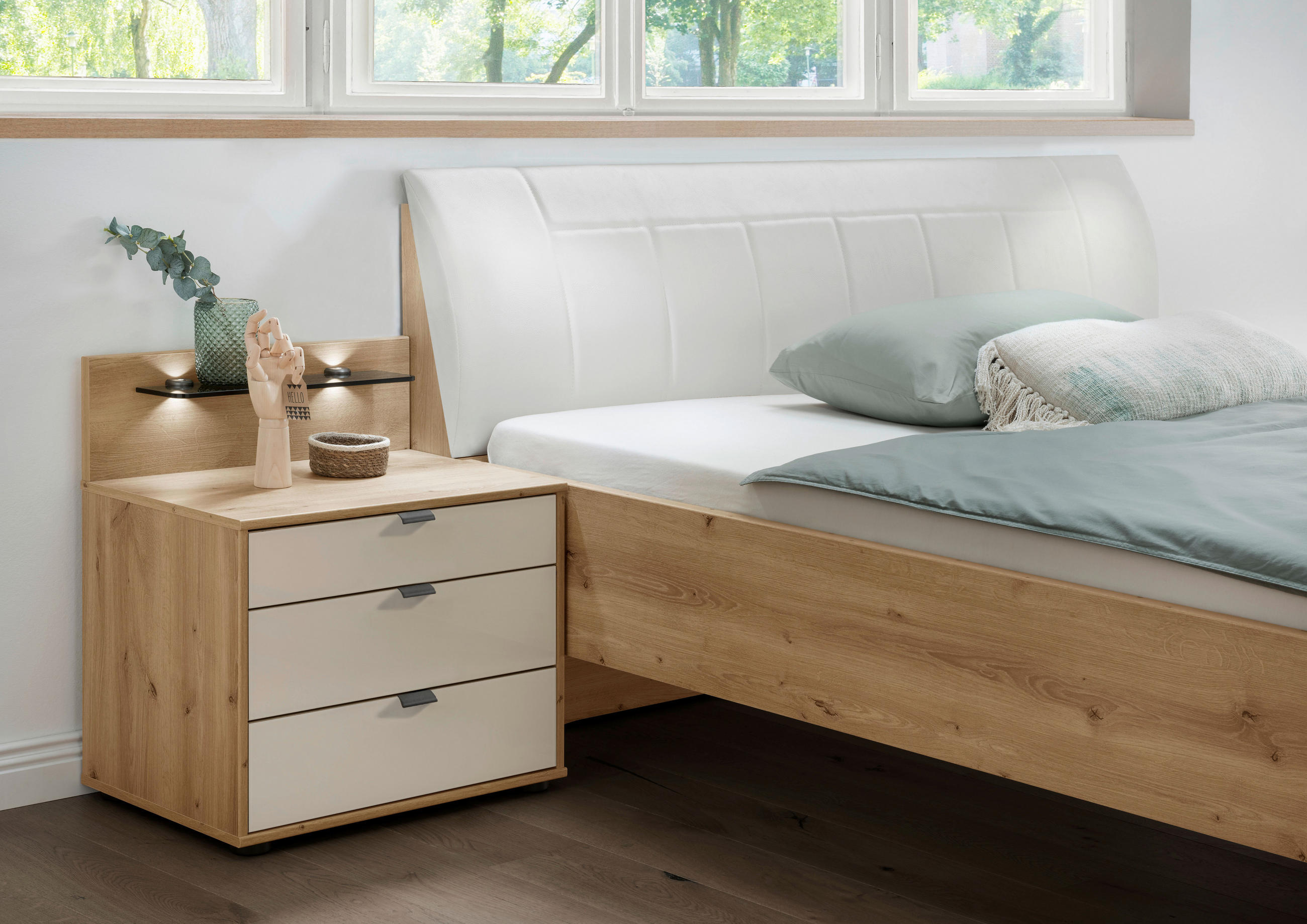 Thumbnail - Dieter Knoll Bett, Weiß, Eiche Bianco, Textil, 100x200 cm, ISO 9001, Made in Germany, gepolstertes Kopfteil, in verschie...