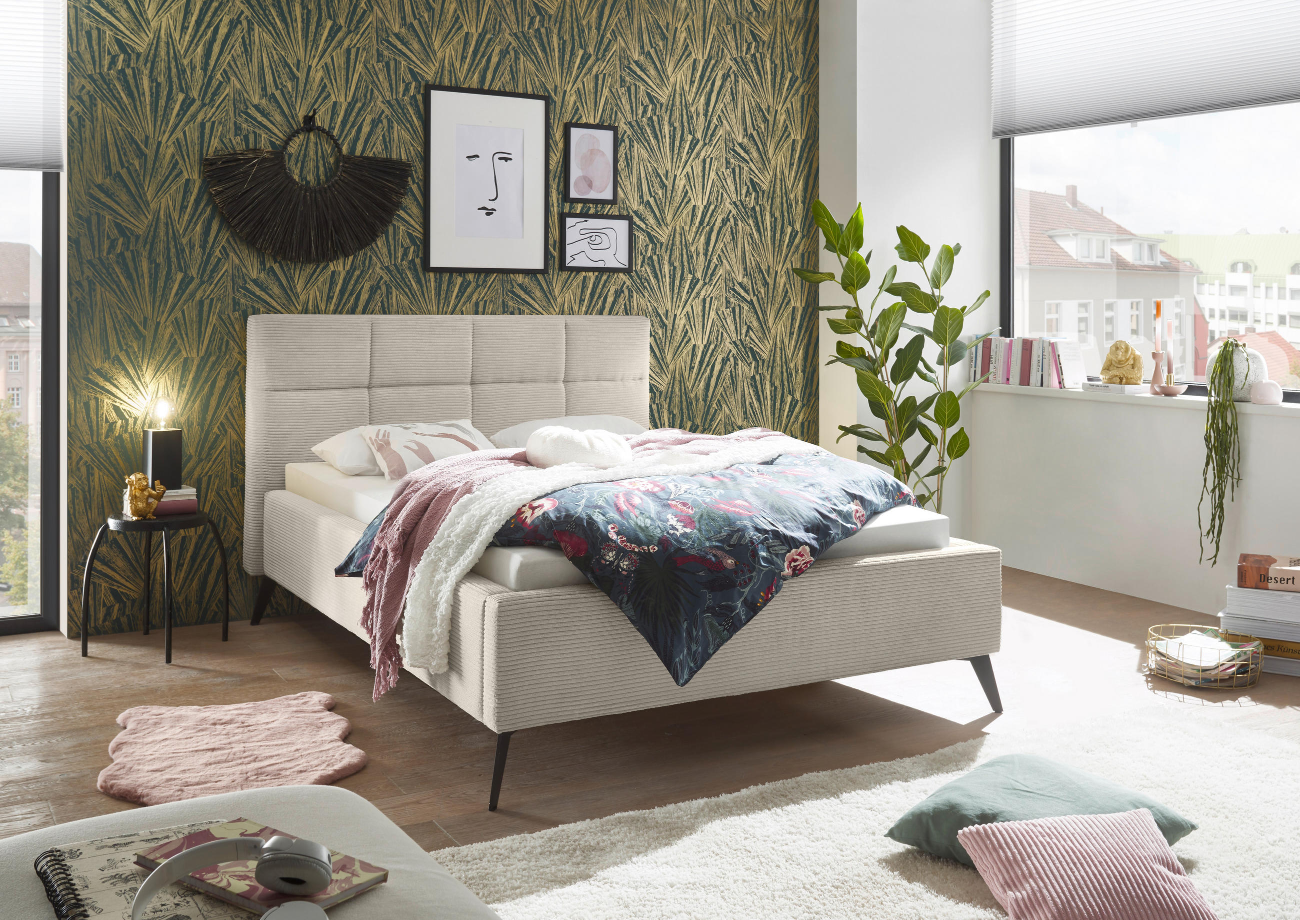 POLSTERBETT 140/200 cm,  in Beige,  - Beige/Schwarz, KONVENTIONELL, Textil/Metall (140/200cm) - SetOne by Musterring