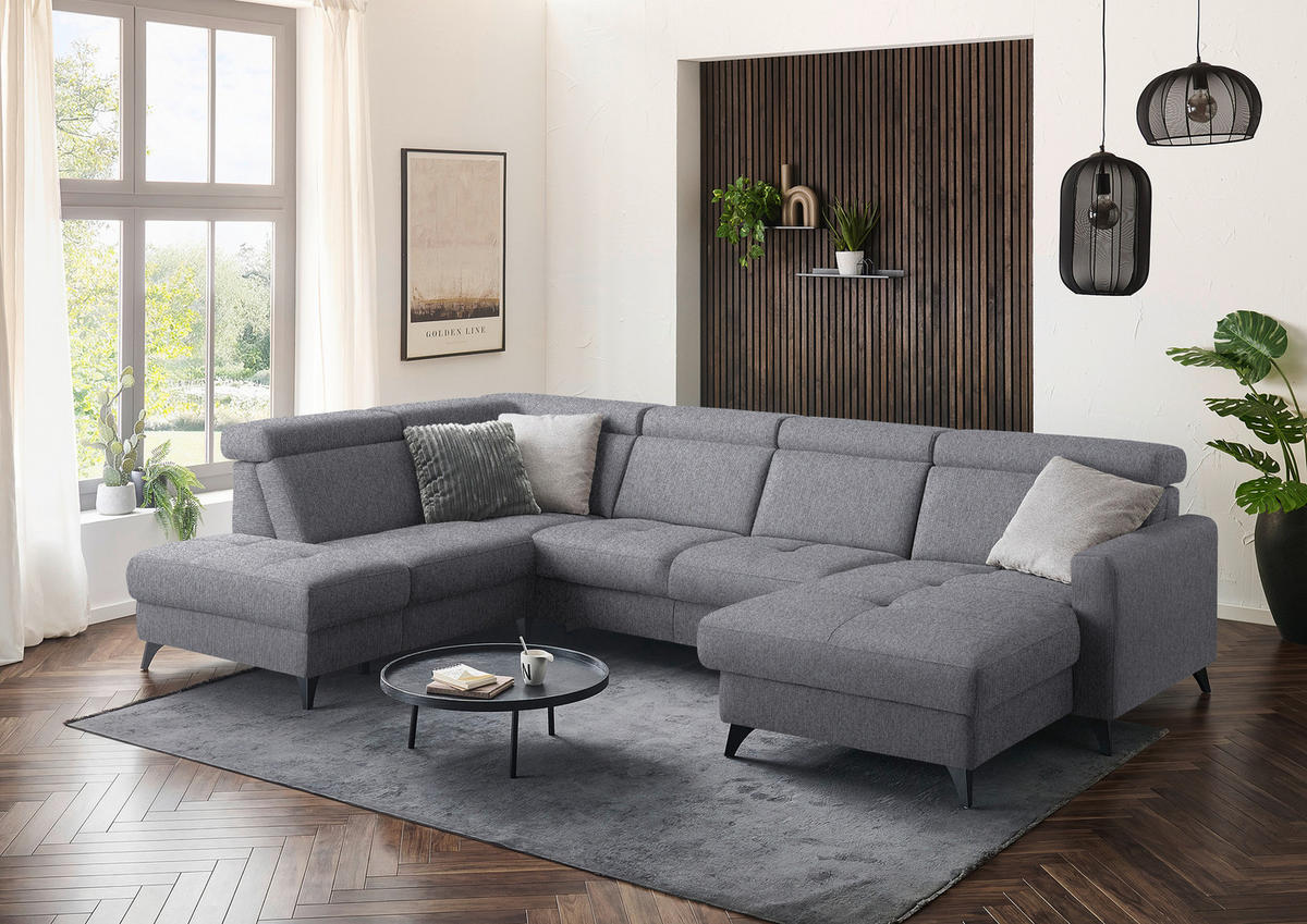 WOHNLANDSCHAFT Flachgewebe Grau  - Schwarz/Grau, Konventionell, Textil/Metall (215/333/174cm) - Beldomo System