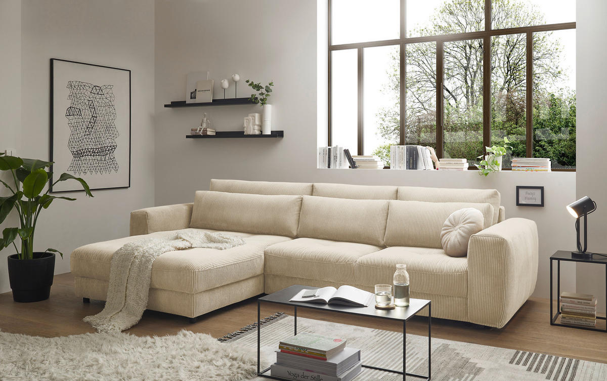 ECKSOFA in Cord Creme  - Creme/Schwarz, Konventionell, Holzwerkstoff/Kunststoff (194/333cm) - MID.YOU