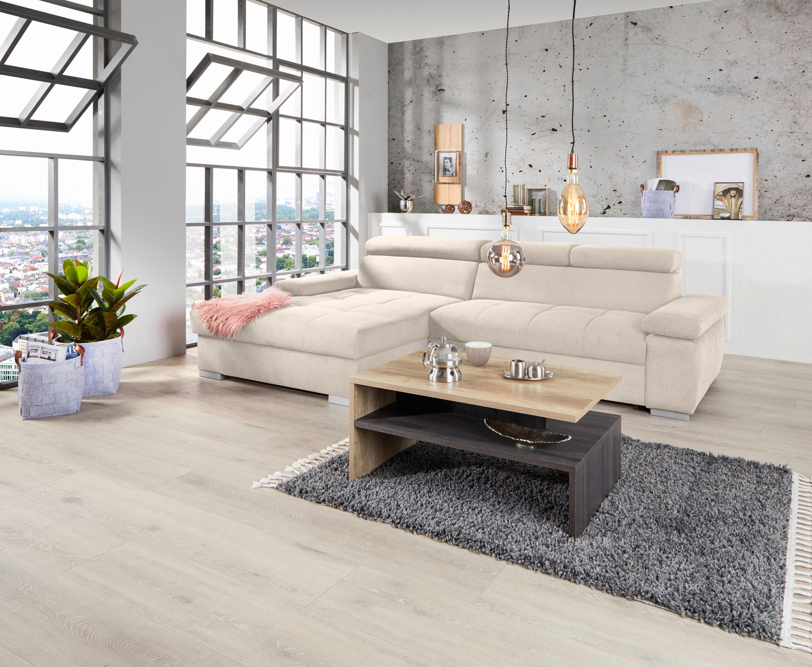 ECKSOFA in Velours Beige  - Beige/Silberfarben, Design, Holz/Textil (183/292cm) - Livetastic