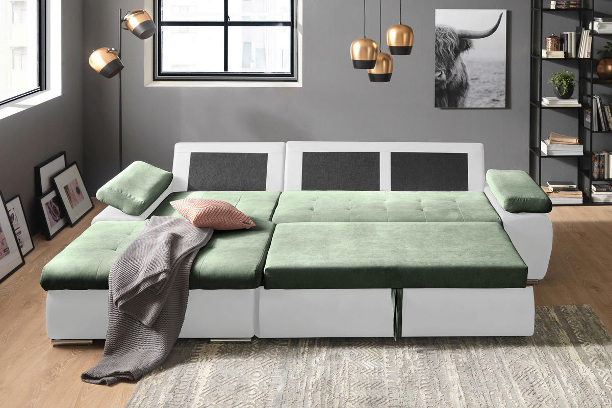 ECKSOFA Weiß, Olivgrün Flachgewebe  - Weiß/Olivgrün, Design, Kunststoff/Textil (175/271cm) - MID.YOU
