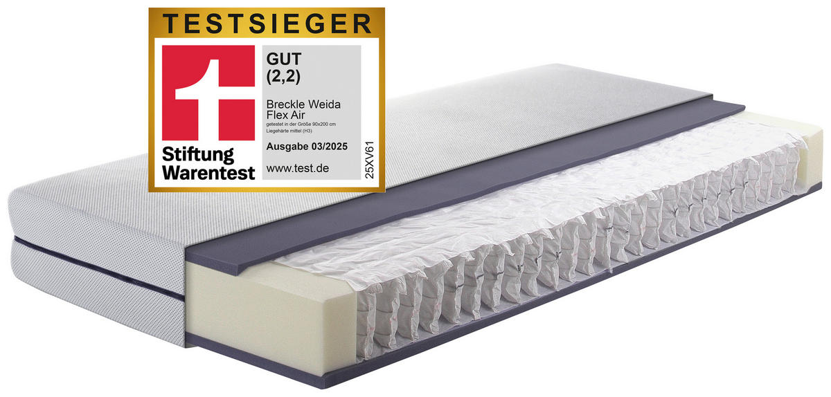 TASCHENFEDERKERNMATRATZE 90/200 cm, Höhe ca.: 19 cm, H3 = fest, 7-Zonen - Weiß, Basics, Textil (90/200cm) - Breckle