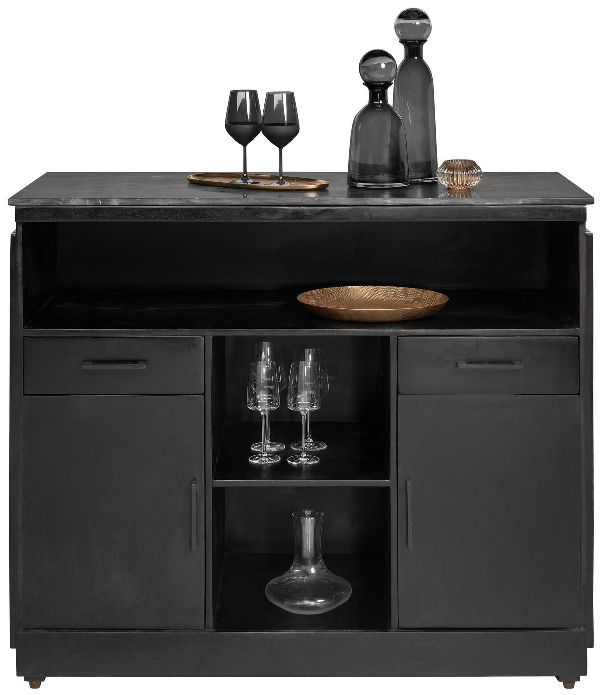 BARSCHRANK Mangoholz, Eukalyptusholz vollmassiv Schwarz, Goldfarben  - Goldfarben/Schwarz, Trend, Holz/Stein (130/109/60cm) - Ambia Home