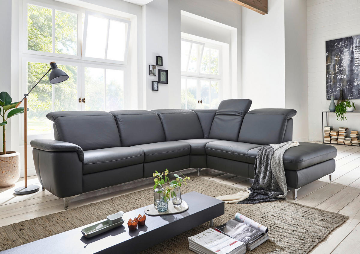 ECKSOFA in Echtleder Anthrazit  - Chromfarben/Anthrazit, KONVENTIONELL, Leder/Metall (292/242cm) - Cantus