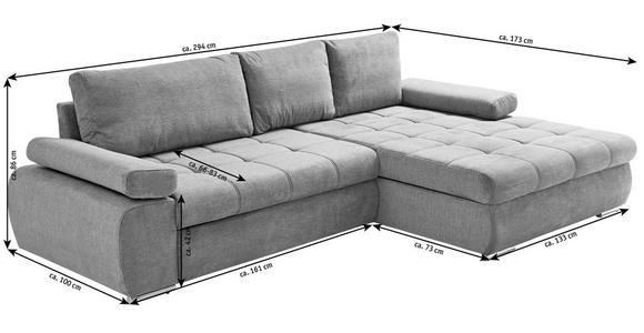 Das graue Sofa ist 294 cm lang und 86 cm hoch. Die Tiefe des Ottomanen beträgt 173 cm und die des Sofas 100 cm (73 cm Unterschied). Die Sitzfläche ist 66-83 cm tief und 42 cm hoch. Die Breite des Ottomanen beträgt 133 cm und die des Sofas 161 cm.
