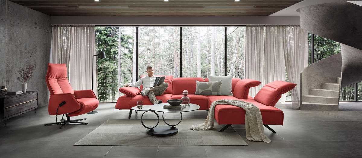 ECKSOFA Echtleder Koralle  - Koralle/Anthrazit, Design, Leder/Metall (290/230cm) - Johann Jakob