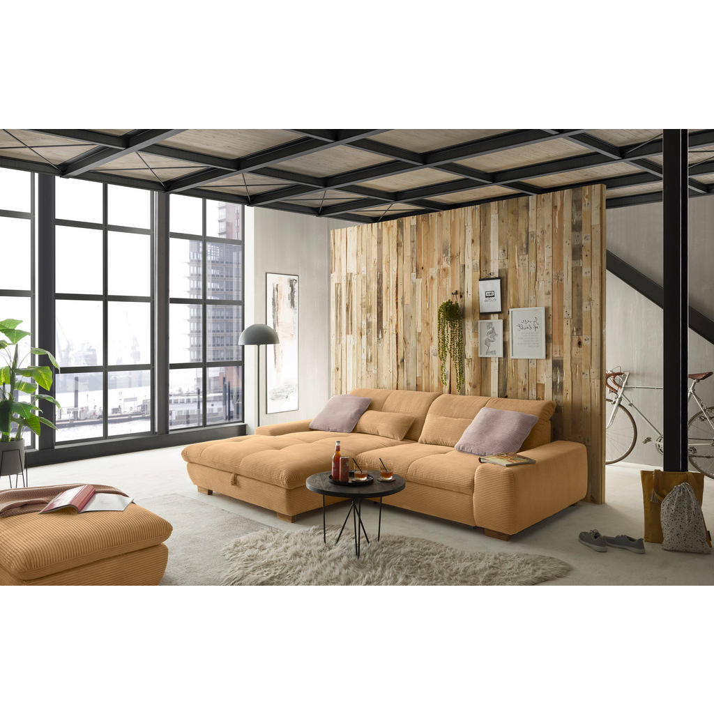Thumbnail - SetOne by Musterring Ecksofa, Honig, Textil, Eiche, massiv, 2-Sitzer, Ottomane links, L-Form, 276x198 cm, Bettkasten erh...