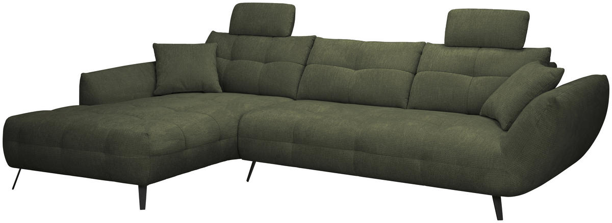 ECKSOFA Dunkelgrün Chenille Armlehnenkissen, Rücken echt, Sitztiefenverstellung  - Dunkelgrün/Schwarz, KONVENTIONELL, Textil/Metall (215/313cm) - Hom`in