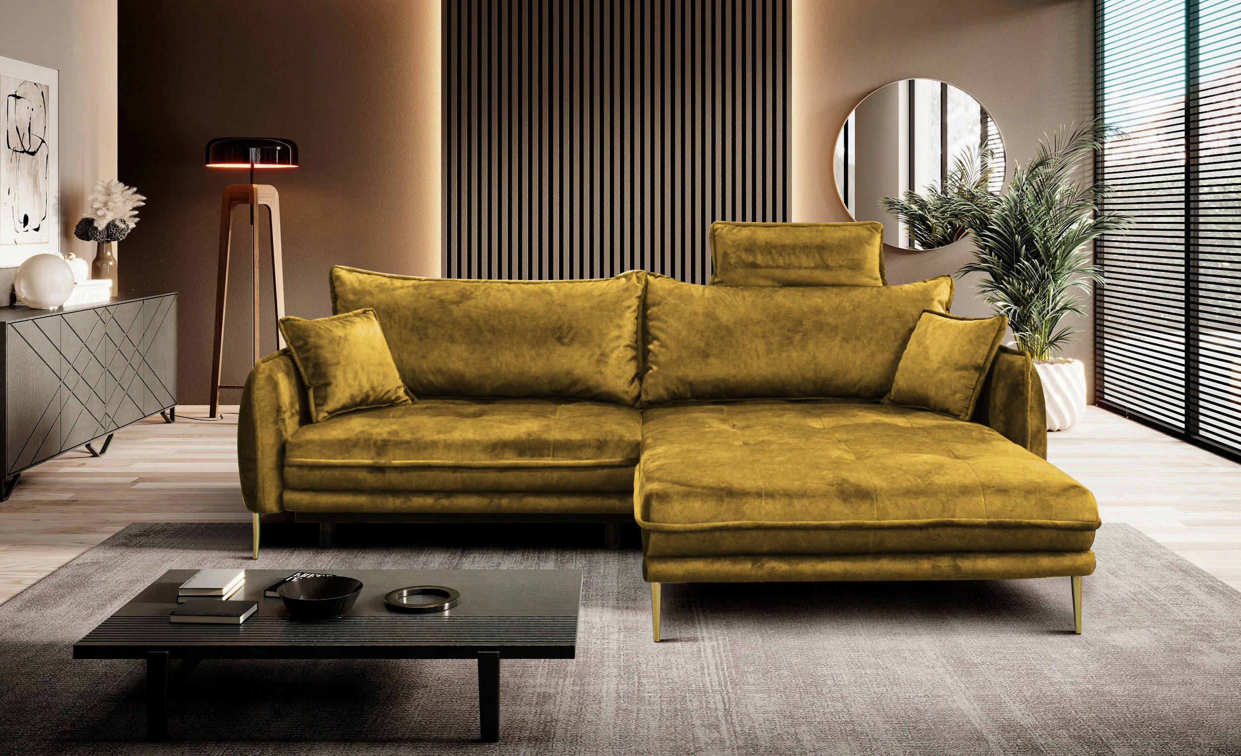 ECKSOFA Senfgelb Velours  - Goldfarben/Senfgelb, Design, Textil/Metall (264/196cm) - MID.YOU