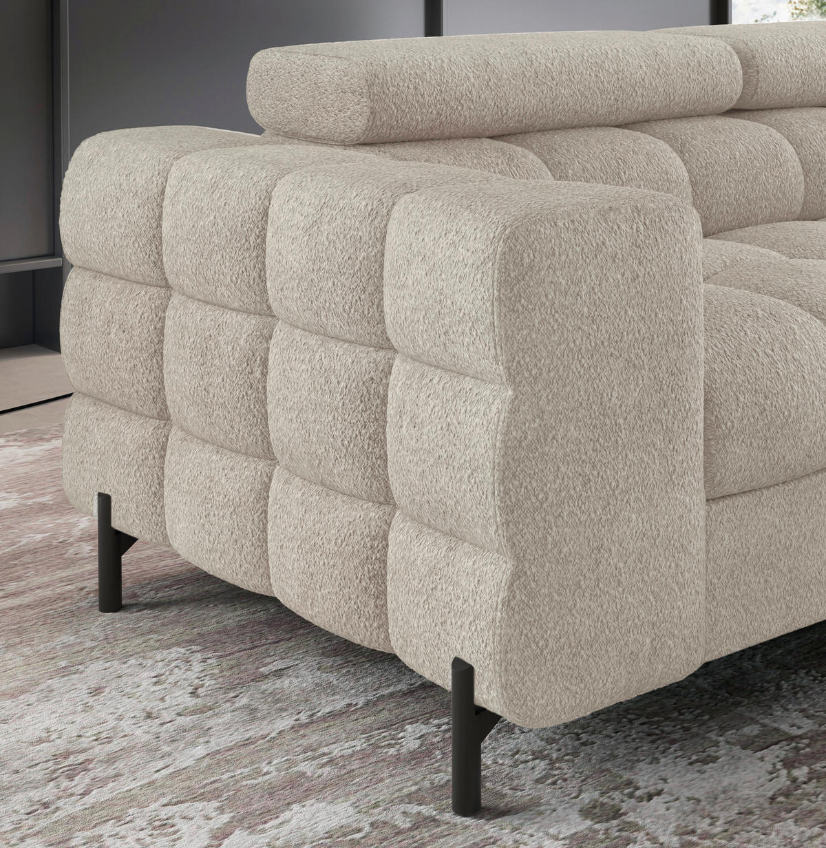 ECKSOFA FERUCCE Creme Teddystoff Bettkasten, Kopfteilverstellung  - Creme/Schwarz, Design, Textil/Metall (276/200cm) - MID.YOU