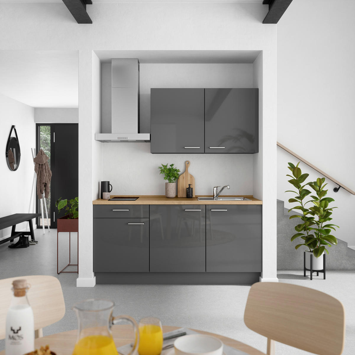 KÜCHENBLOCK 180 cm   in Eichefarben, Schieferfarben  - Schieferfarben/Edelstahlfarben, MODERN, Holzwerkstoff/Metall (180cm) - Nobilia