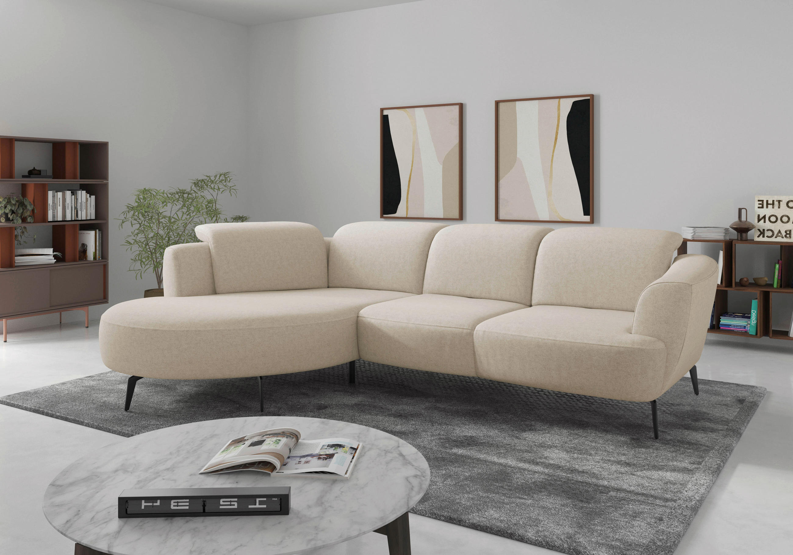 ECKSOFA ZOE E in Flachgewebe Creme  199/309 cm  - Creme/Schwarz, KONVENTIONELL, Textil/Metall (199/309cm) - Sit & More
