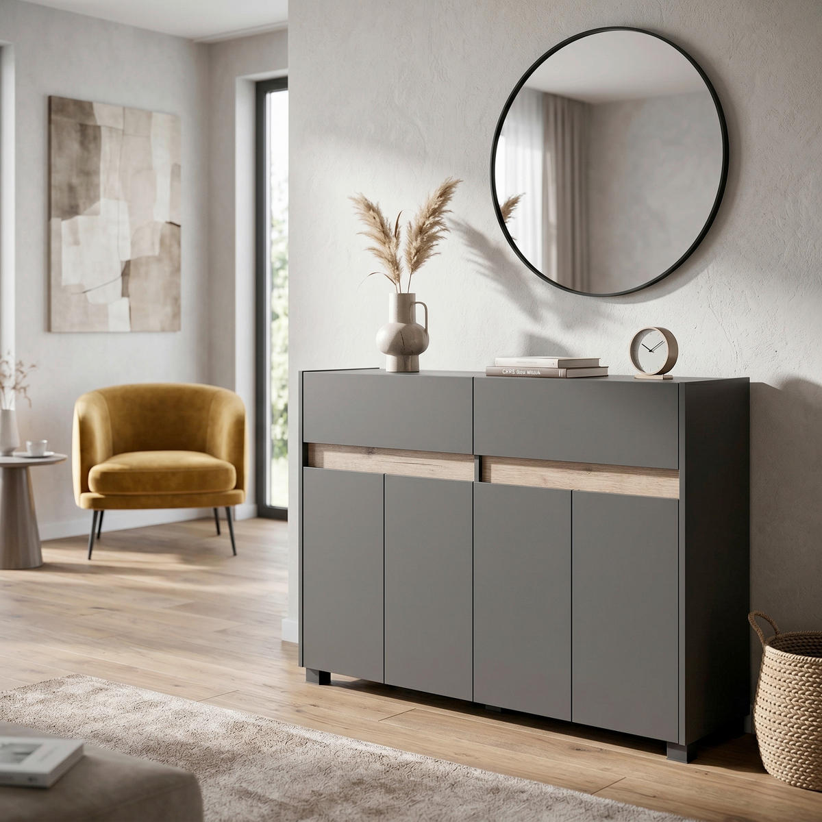 KOMMODE , 112,2/84,8/33 cm, 2 Schublade(n)  - Anthrazit/Silberfarben, Design, Holzwerkstoff/Kunststoff (112,2/84,8/33cm) - MID.YOU