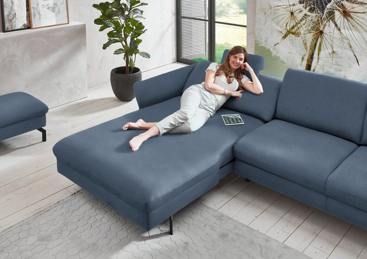 ECKSOFA in Velours Blau  - Blau/Schwarz, Design, Textil/Metall (179/306cm) - Beldomo System