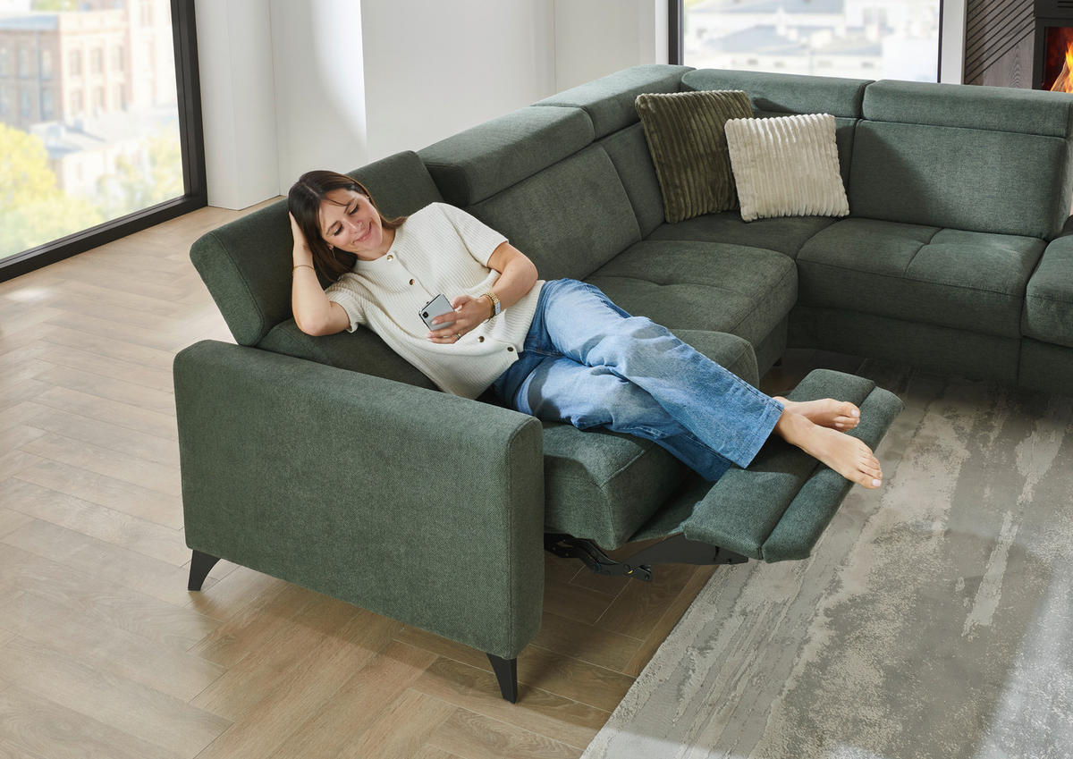 ECKSOFA Beldomo System Dunkelgrün Flachgewebe Kopfteilverstellung  - Dunkelgrün/Schwarz, KONVENTIONELL, Textil/Metall (276/214cm) - Beldomo System