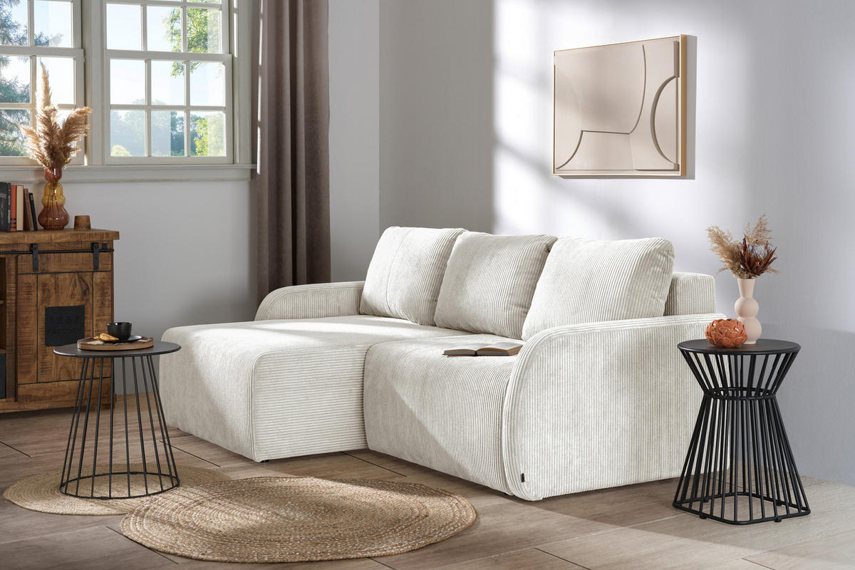 ECKSOFA Naturfarben Cord Rückenkissen, Bettkasten, Schlaffunktion, Rücken echt, Liegefläche im Originalstoff  - Schwarz/Naturfarben, KONVENTIONELL, Kunststoff/Textil (217/146cm) - Carryhome