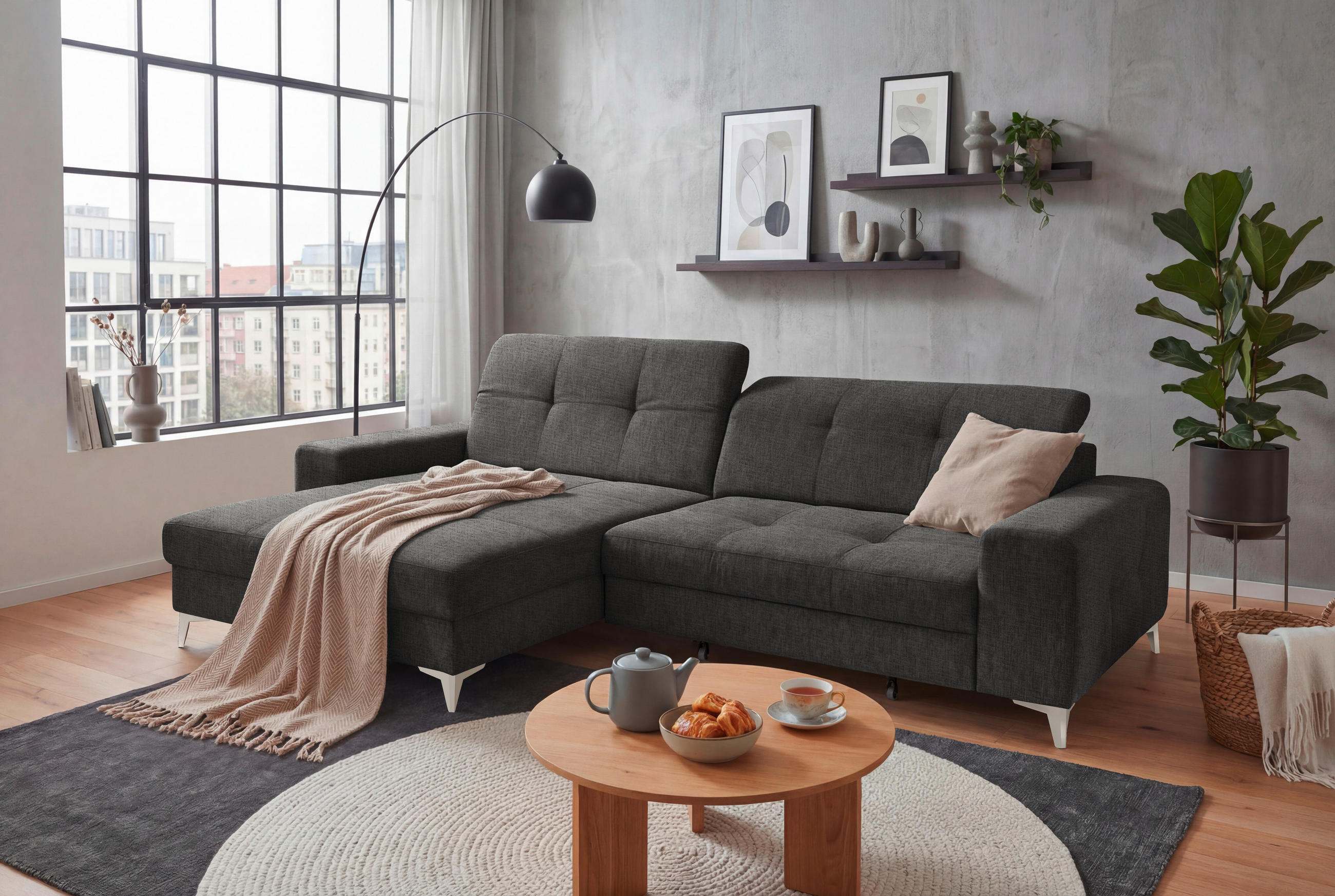 ECKSOFA SORELLA Graphitfarben Chenille Kopfteilverstellung, Sitztiefenverstellung  - Kaschmir/Graphitfarben, Design, Kunststoff/Textil (182/328cm) - MID.YOU