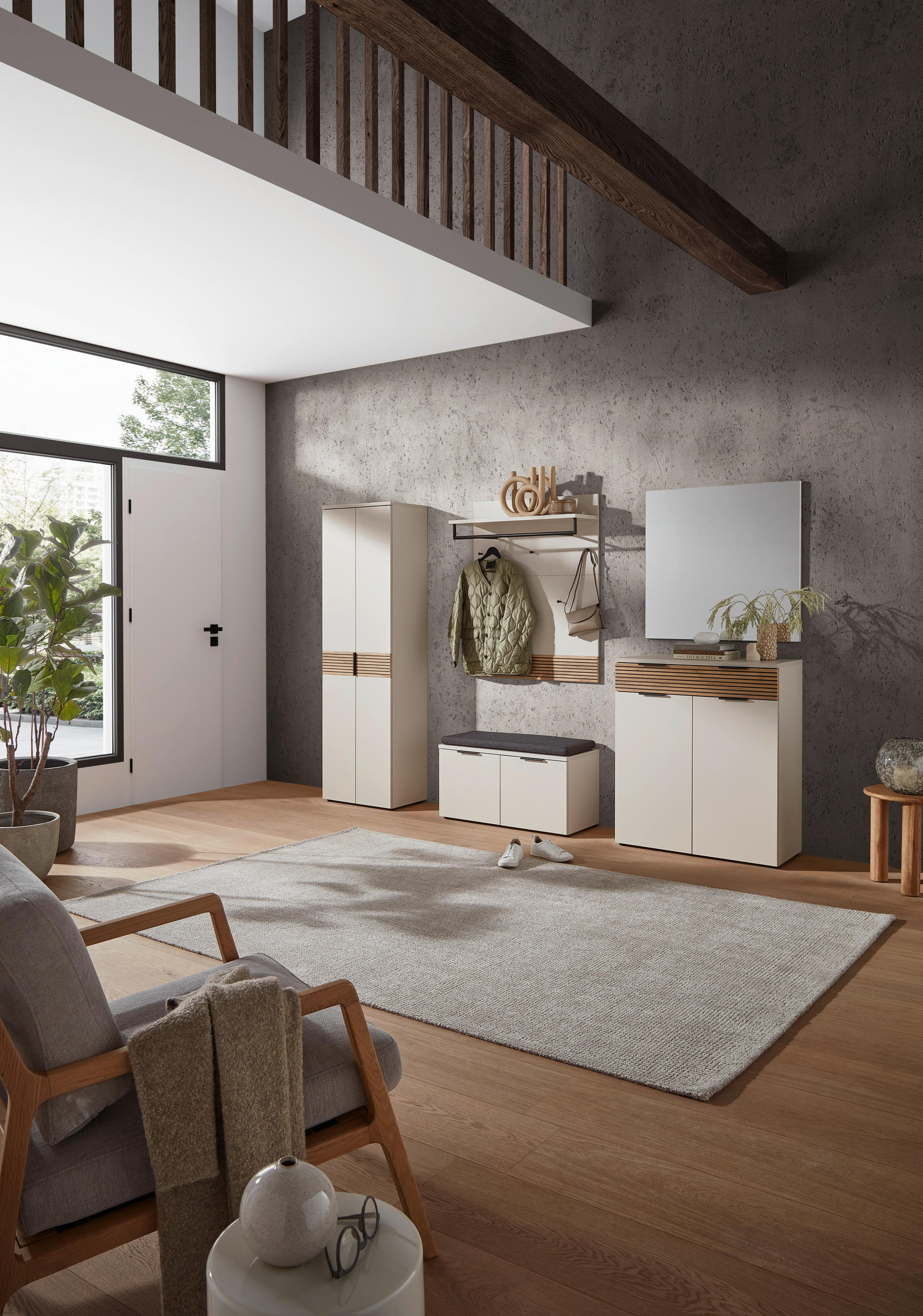 Thumbnail - Voleo Garderobe, Eiche, Kaschmir, Holzwerkstoff, 5-teilig, 269x200x40 cm, Made in Germany, Garderobe, Garderoben-Sets & ...