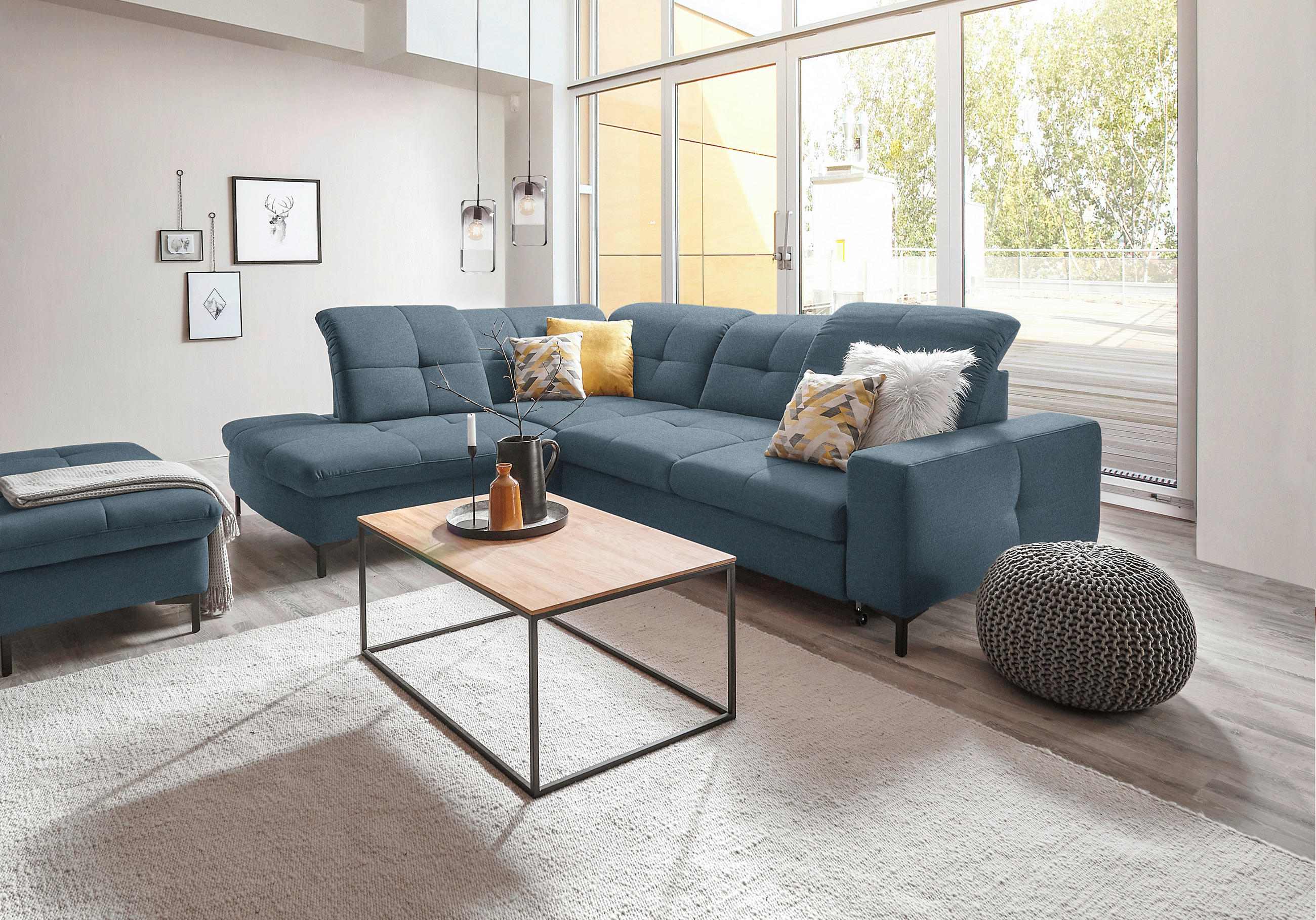 ECKSOFA in Chenille Blau  - Blau/Schwarz, Design, Textil/Metall (240/308cm) - Xora