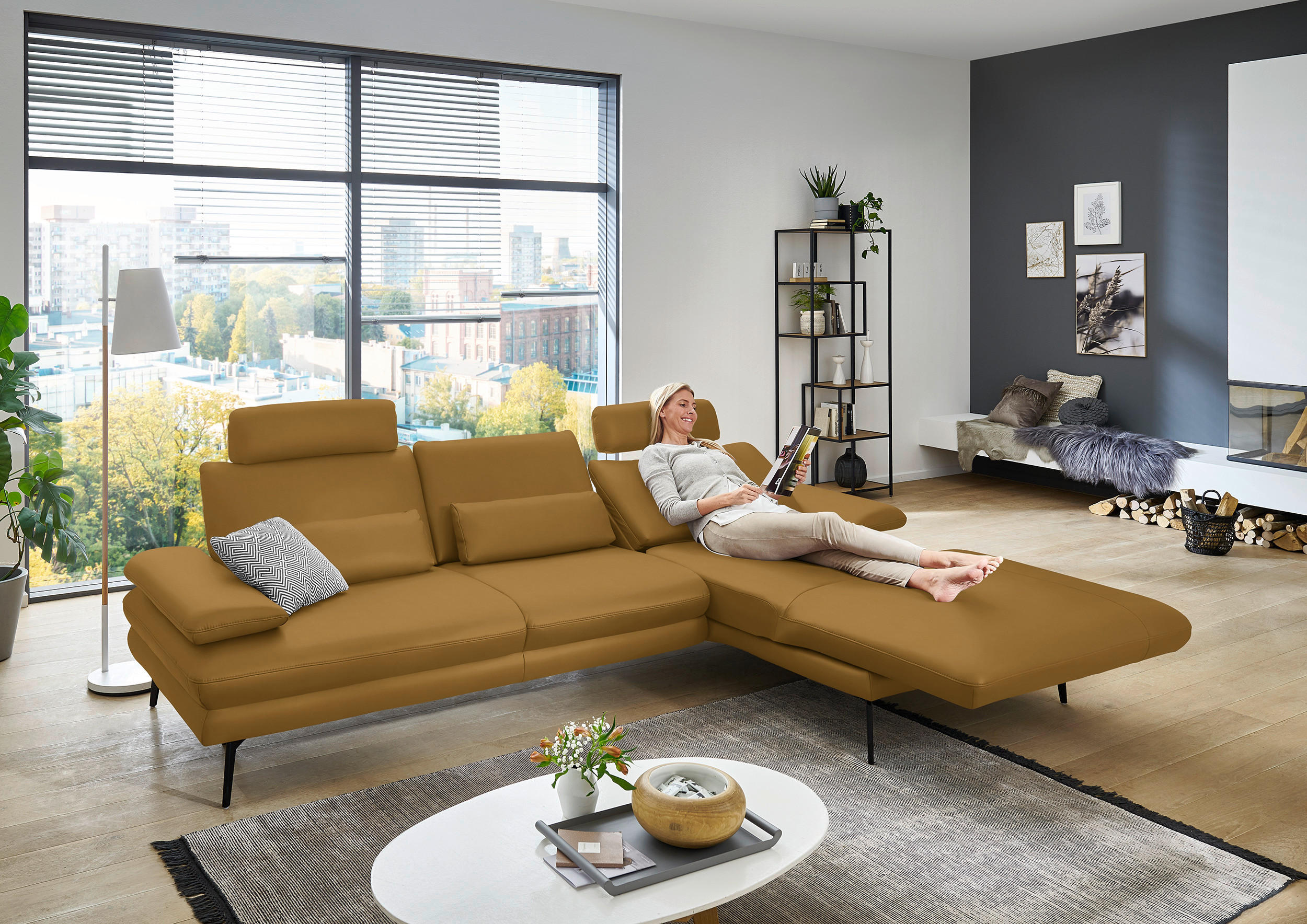 ECKSOFA in Echtleder Currygelb  - Currygelb/Schwarz, Design, Leder/Metall (310/180cm) - Dieter Knoll