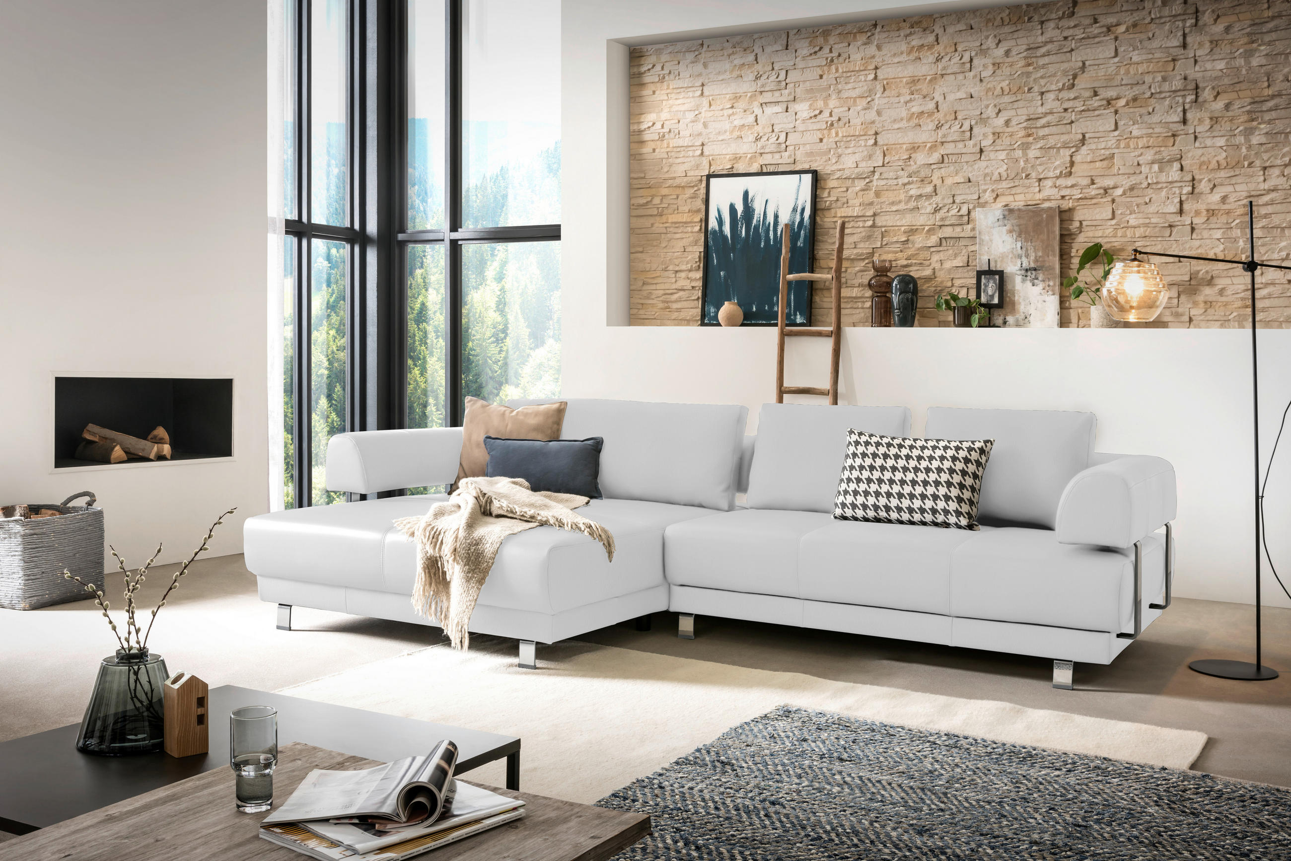 ECKSOFA Weiß Echtleder  - Weiß, Design, Leder/Metall (188/307cm)