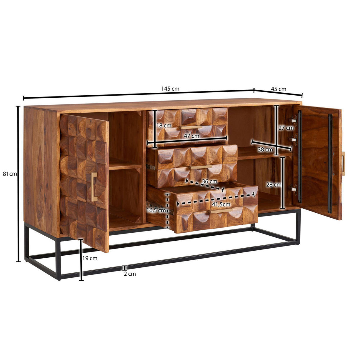 SIDEBOARD 145/81/45 cm  - Goldfarben/Sheeshamfarben, Design, Holz/Metall (145/81/45cm) - MID.YOU