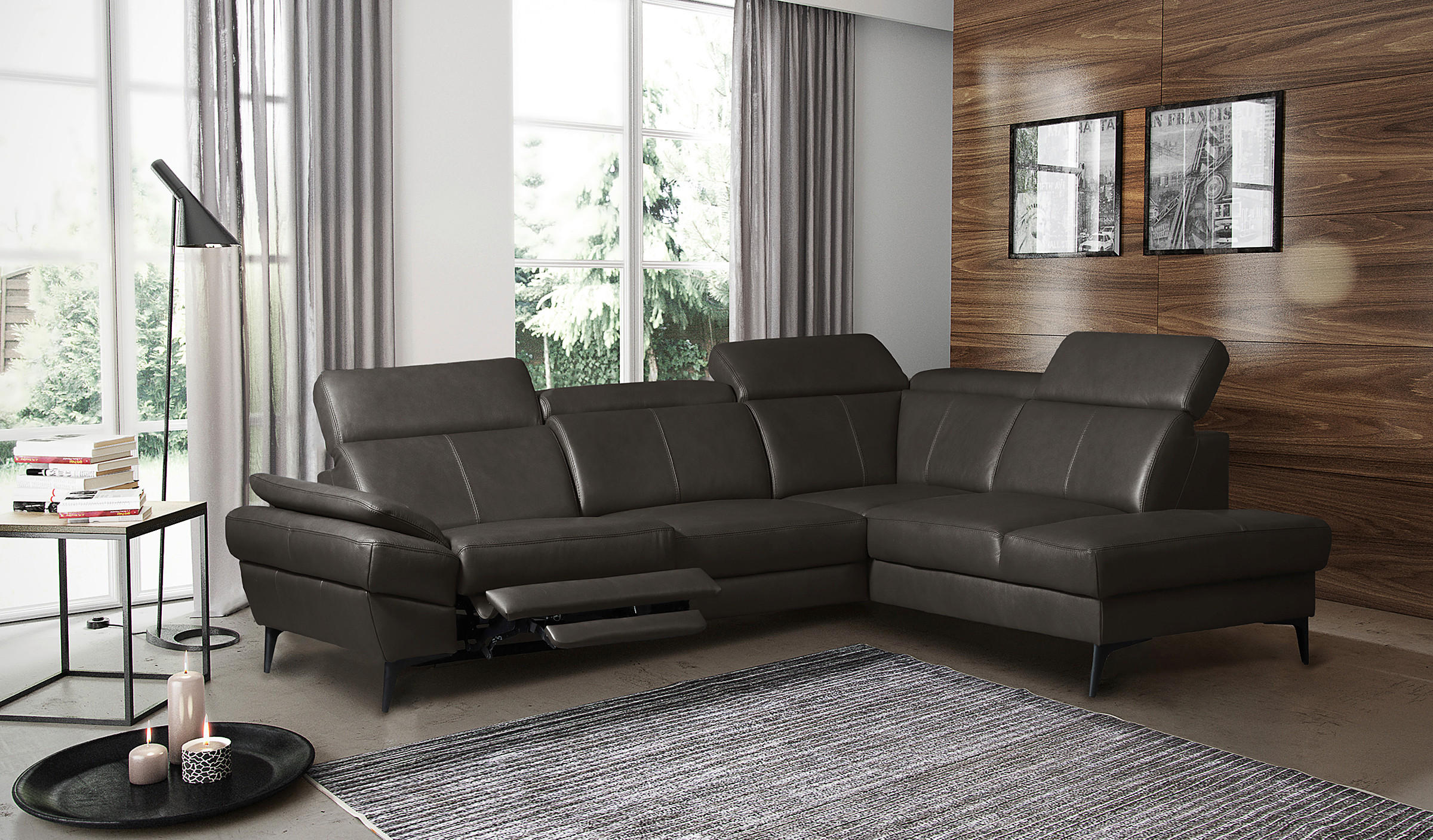 ECKSOFA Lederlook Echtleder Dunkelbraun  - Dunkelbraun/Schwarz, Design, Leder/Textil (264/211cm) - Livetastic