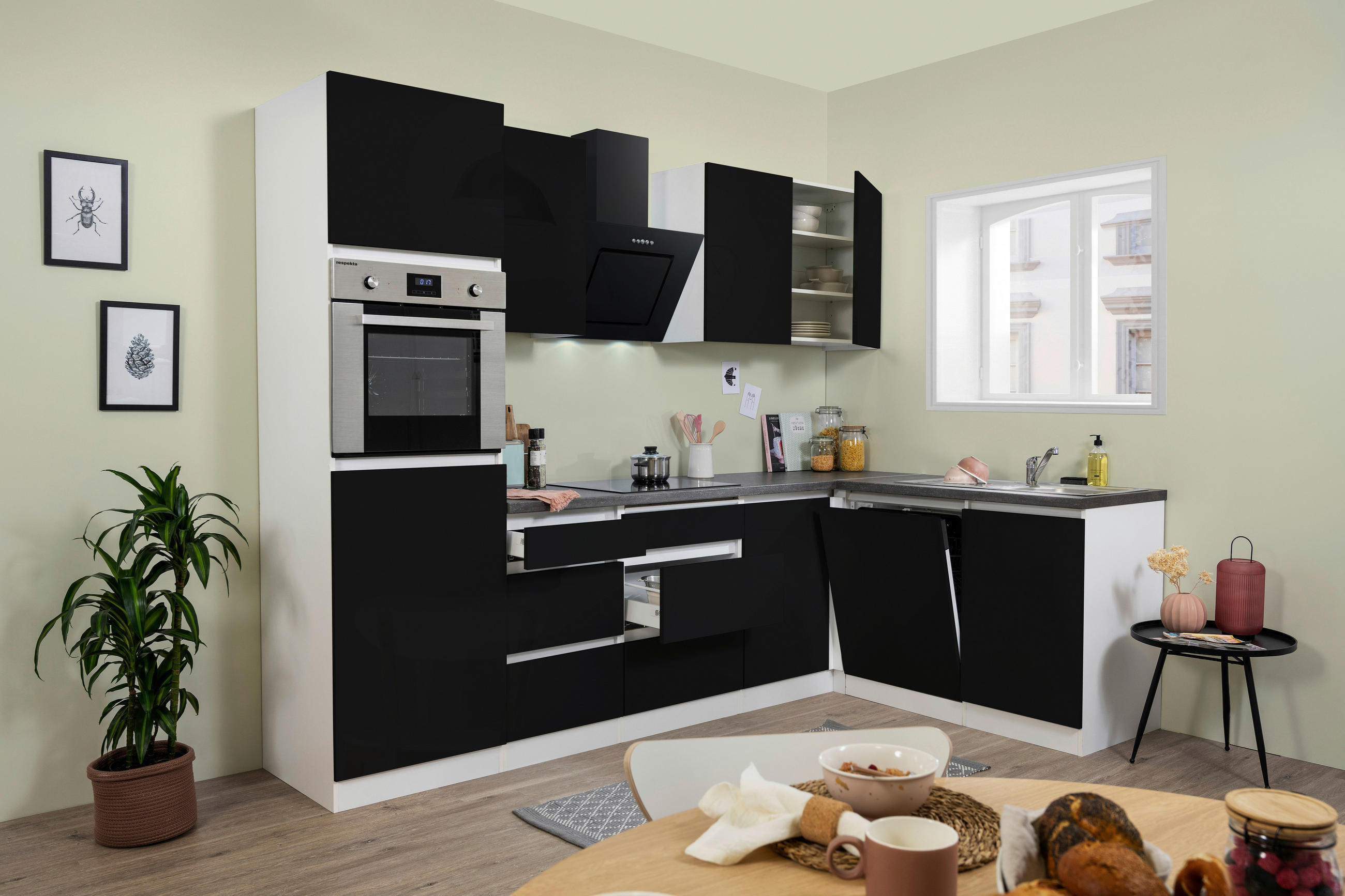 ECKKÜCHE 280/172 cm  in Weiß, Schwarz Hochglanz  - Schwarz Hochglanz/Schwarz, MODERN, Holzwerkstoff (280/172cm) - Respekta