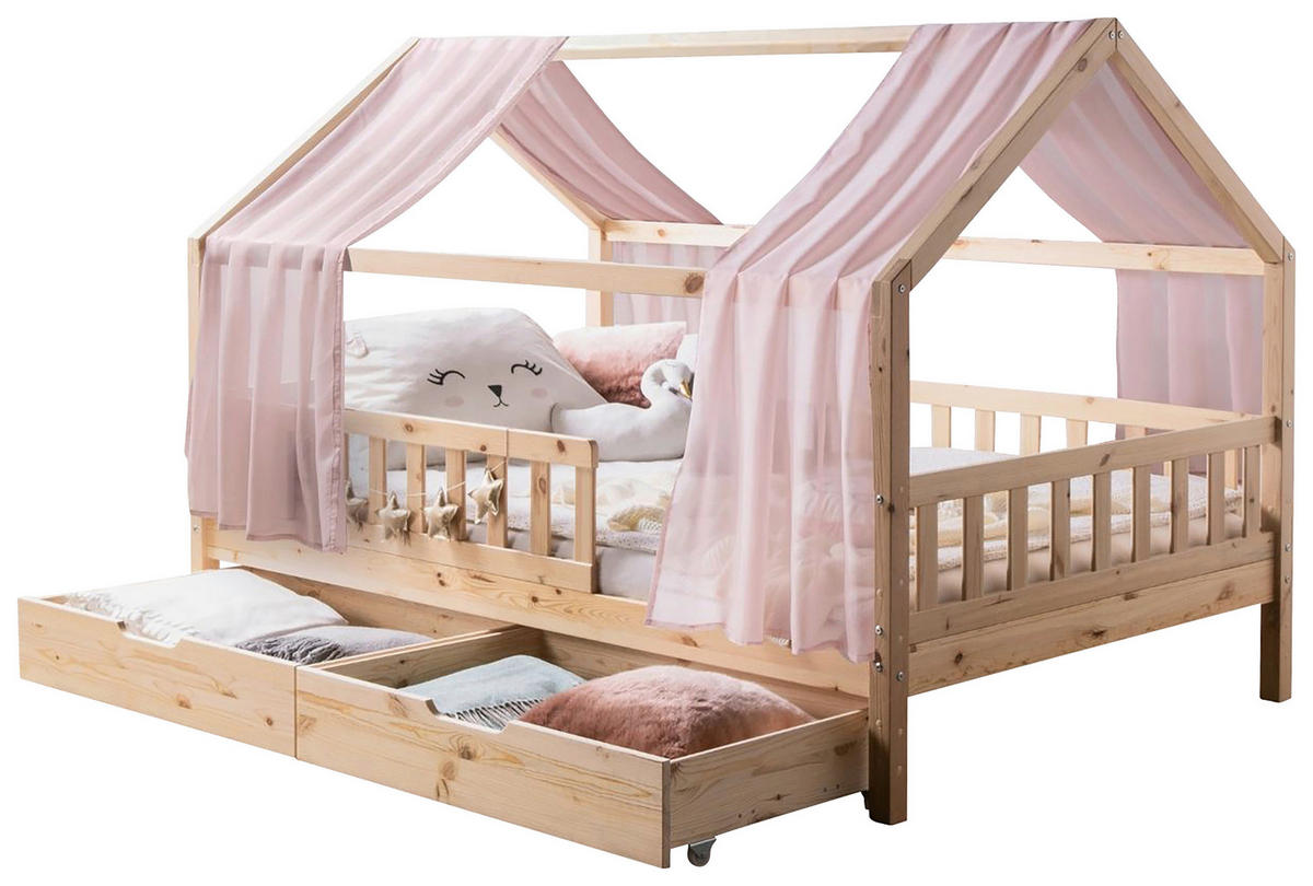 HAUSBETT Absturzsicherung, Vorhang, Lattenrost, Bettschublade 140/200 cm  in Naturfarben, Altrosa  - Altrosa/Naturfarben, MODERN, Holz/Textil (140/200cm) - MID.YOU