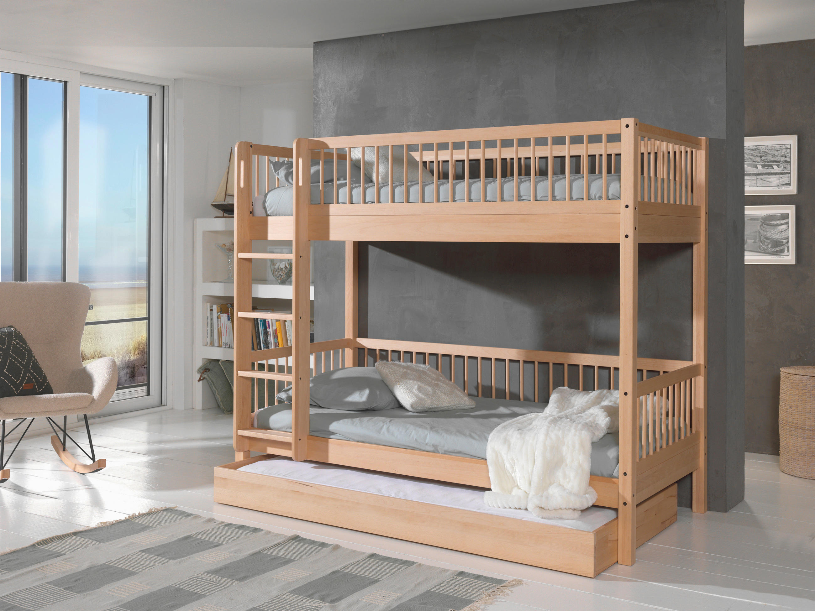 ETAGENBETT 90/200 cm,  in Buchefarben, Absturzsicherung, Leiter, Rollrost, Bettschublade  - Buchefarben/Naturfarben, MODERN, Holz (90/200cm) - Vipack