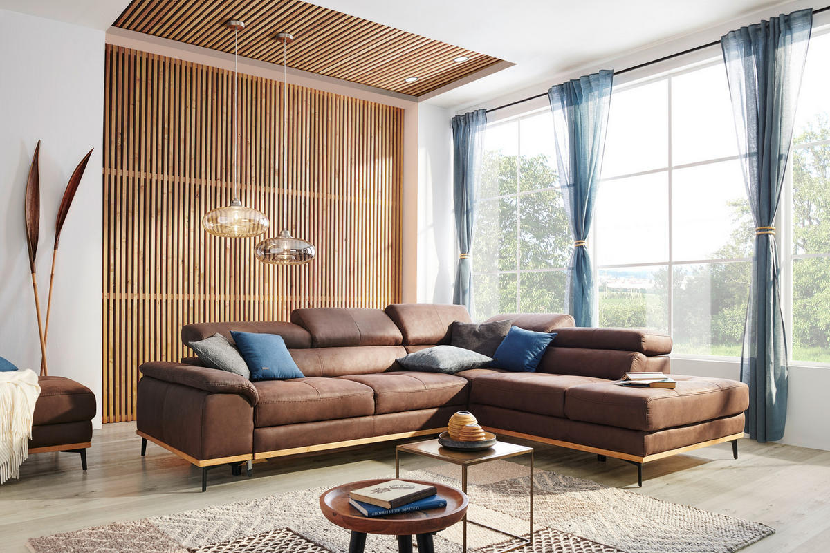 ECKSOFA inkl.Funktionen Dunkelbraun Lederlook  - Dunkelbraun/Schwarz, Natur, Holz/Textil (282/226cm) - Novel
