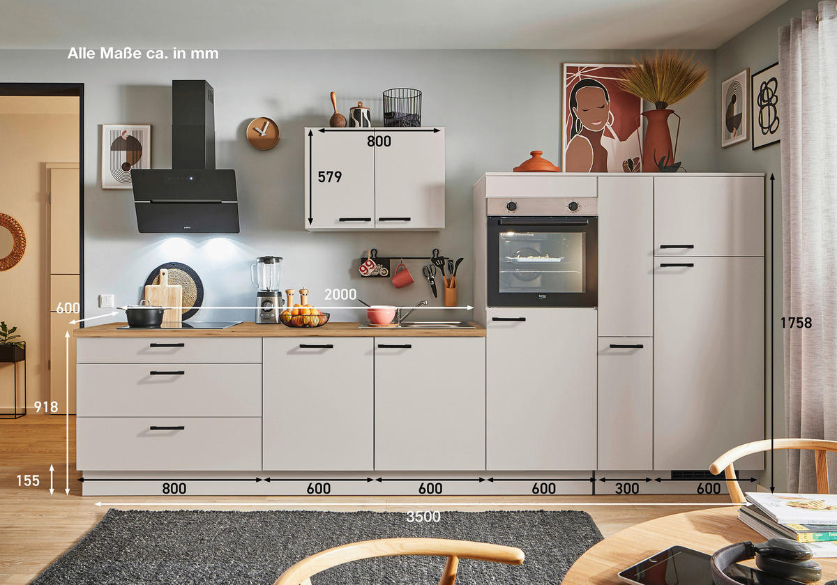 KÜCHENBLOCK PN 80 350 cm  in Eichefarben, Kaschmir  - Kaschmir/Eichefarben, Design, Holzwerkstoff/Metall (350cm) - Pino