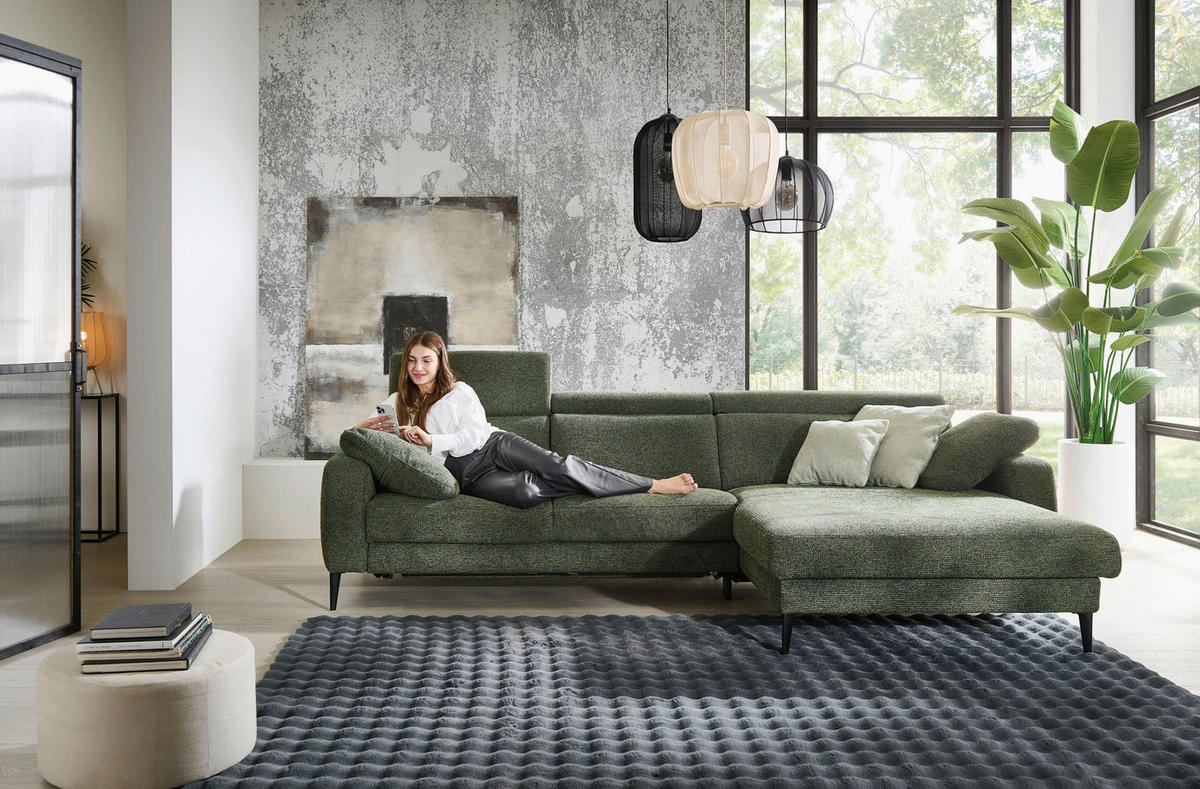 ECKSOFA Grün Chenille  - Schwarz/Grün, KONVENTIONELL, Textil/Metall (300/177cm) - Valdera