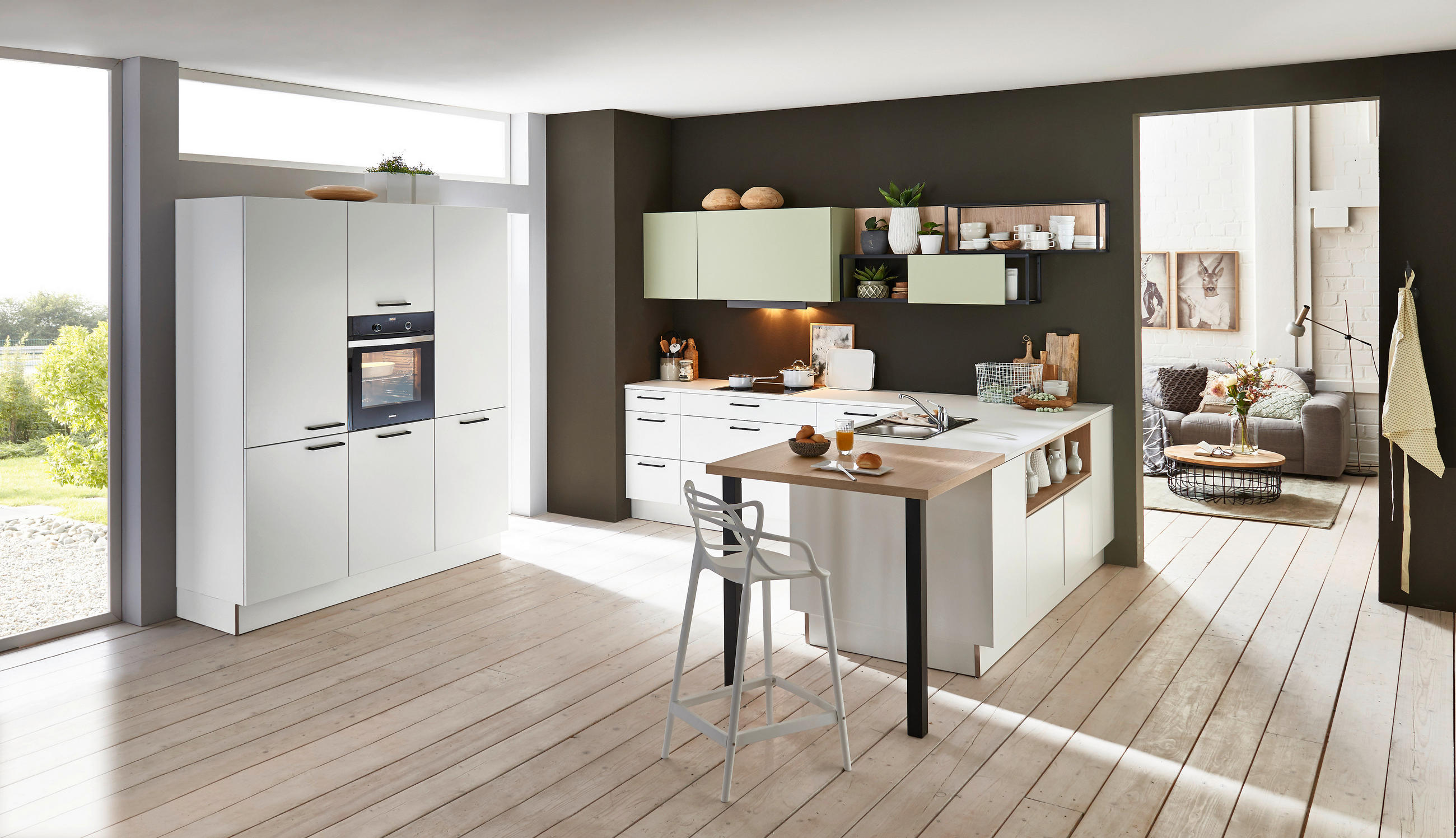 EINBAUKÜCHE SOFT LACK  - Weiß/Grün, Design, Holzwerkstoff - Nolte Küchen