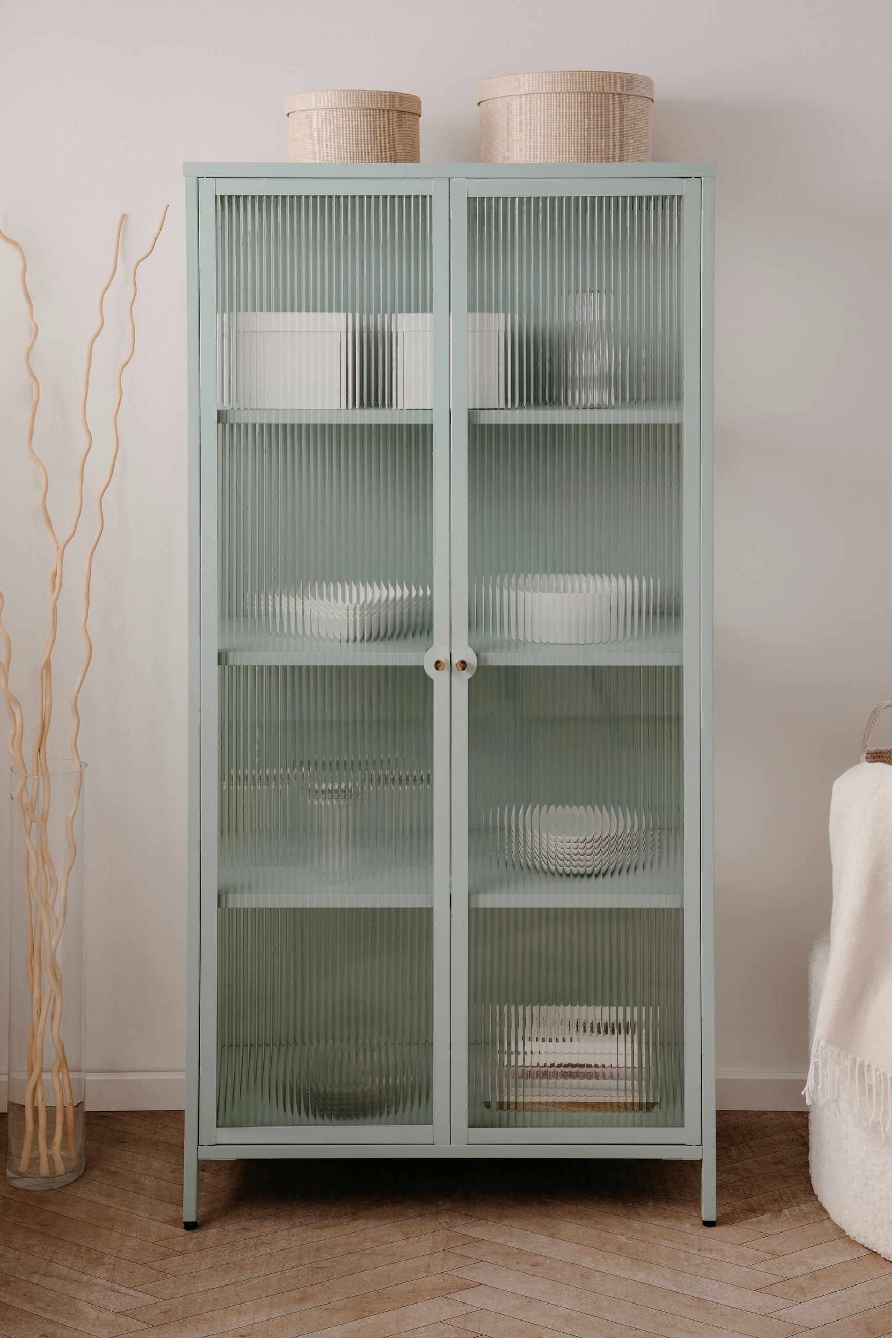 VITRINE in Mintgrün  - Goldfarben/Mintgrün, Design, Glas/Metall (80/160/40cm) - MID.YOU
