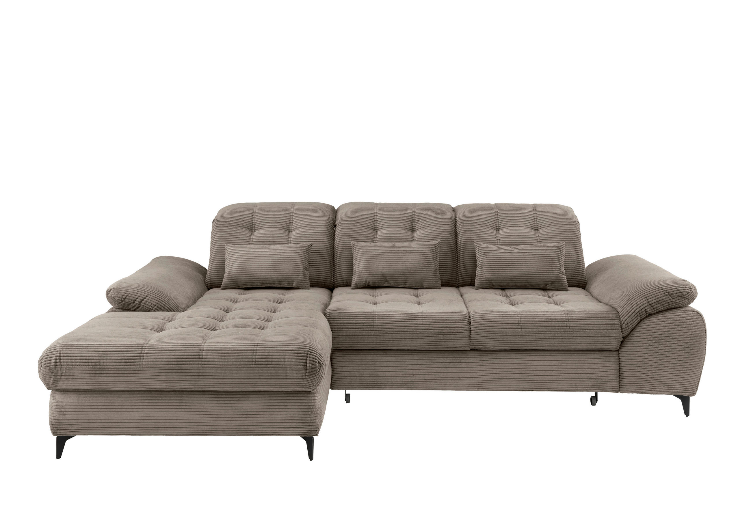 ECKSCHLAFSOFA  mit seitenverkehrt erhältlich, Rücken echt, Armteil links, Armteil rechts Cord Graubraun  - Graubraun/Schwarz, MODERN, Textil/Metall (189/273cm) - Livetastic