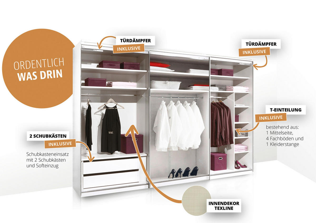 SCHWEBETÜRENSCHRANK 249/222/68 cm 3-türig Weiß  - Alufarben/Weiß, Holzwerkstoff/Metall (249/222/68cm) - Moderano