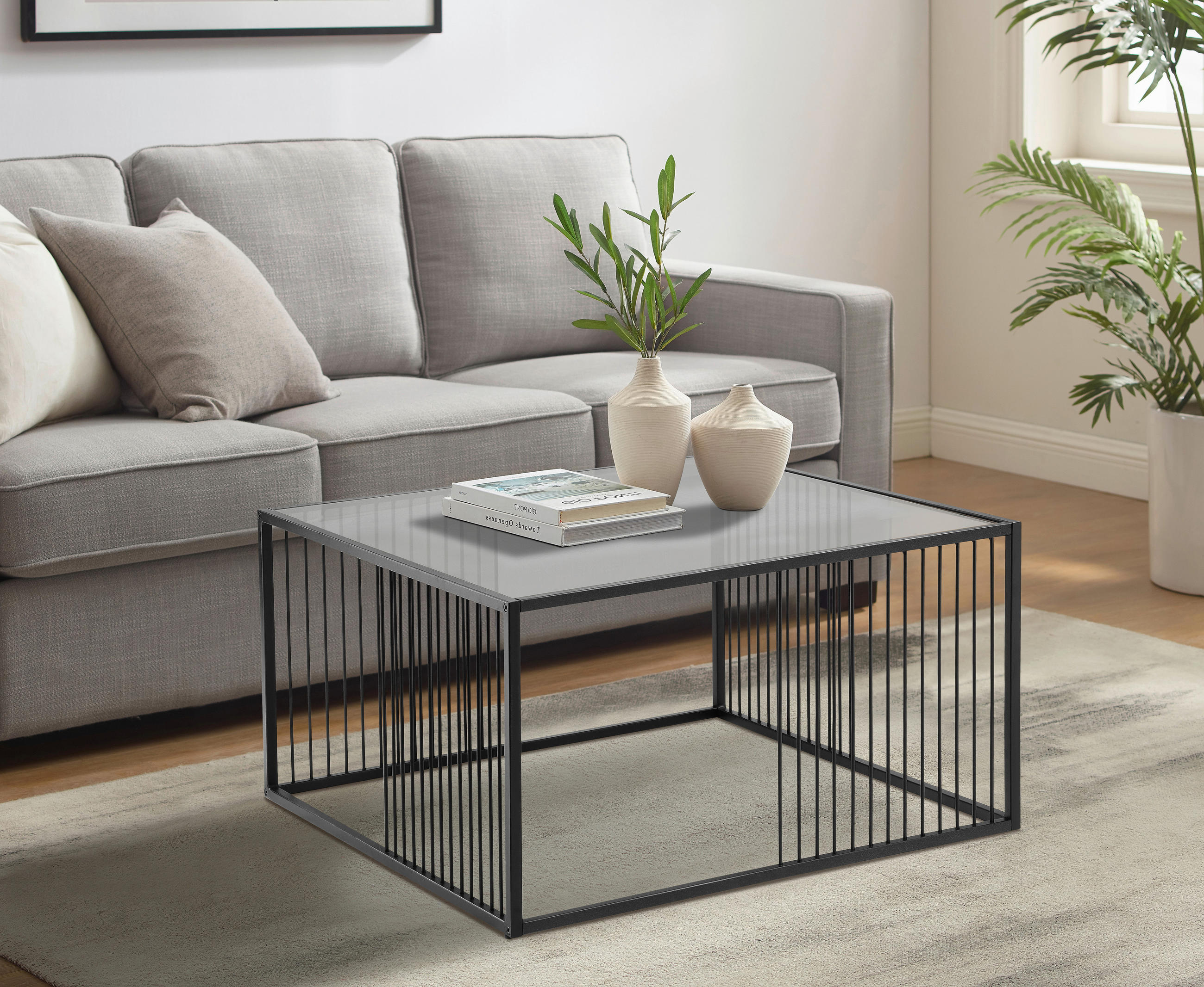 COUCHTISCH in Metall, Glas 75/75/42 cm  - Schwarz/Grau, Design, Glas/Metall (75/75/42cm) - Livetastic