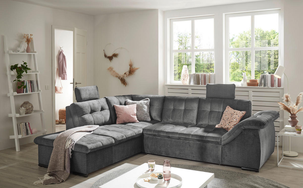 ECKSOFA in Mikrovelours Grau  - Schwarz/Grau, Konventionell, Kunststoff/Textil (217/283cm) - MID.YOU