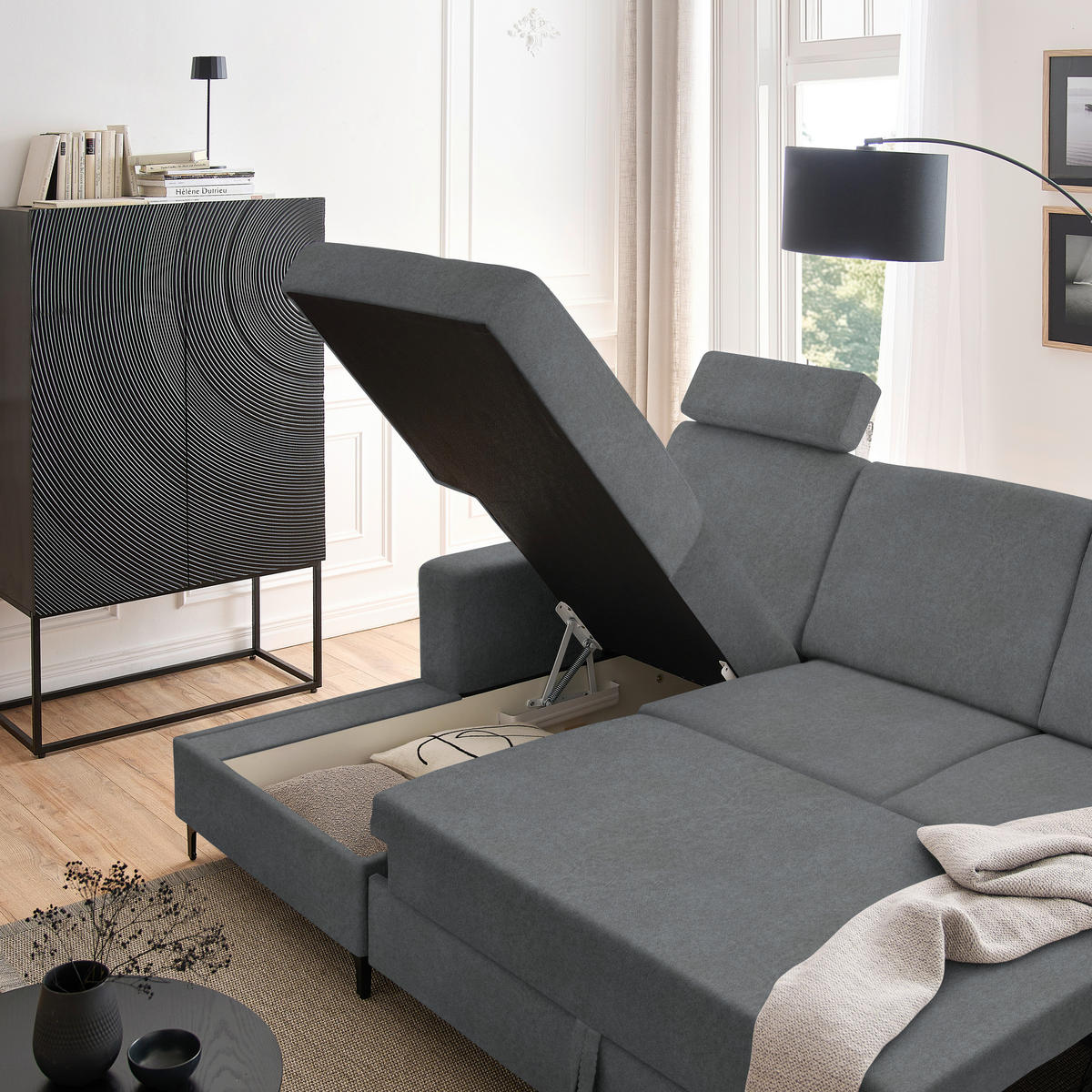 ECKSOFA in Velours Grau  - Schwarz/Grau, Konventionell, Textil/Metall (167/247cm) - Stylife