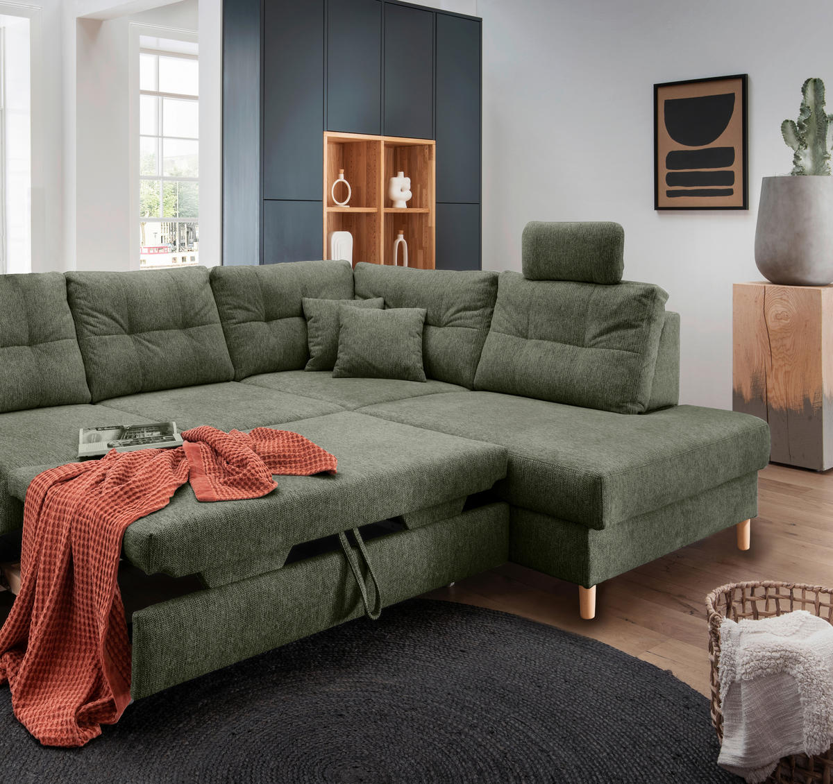 ECKSOFA in Chenille Dunkelgrün  - Dunkelgrün/Naturfarben, Modern, Holz/Textil (264/206cm) - Livetastic