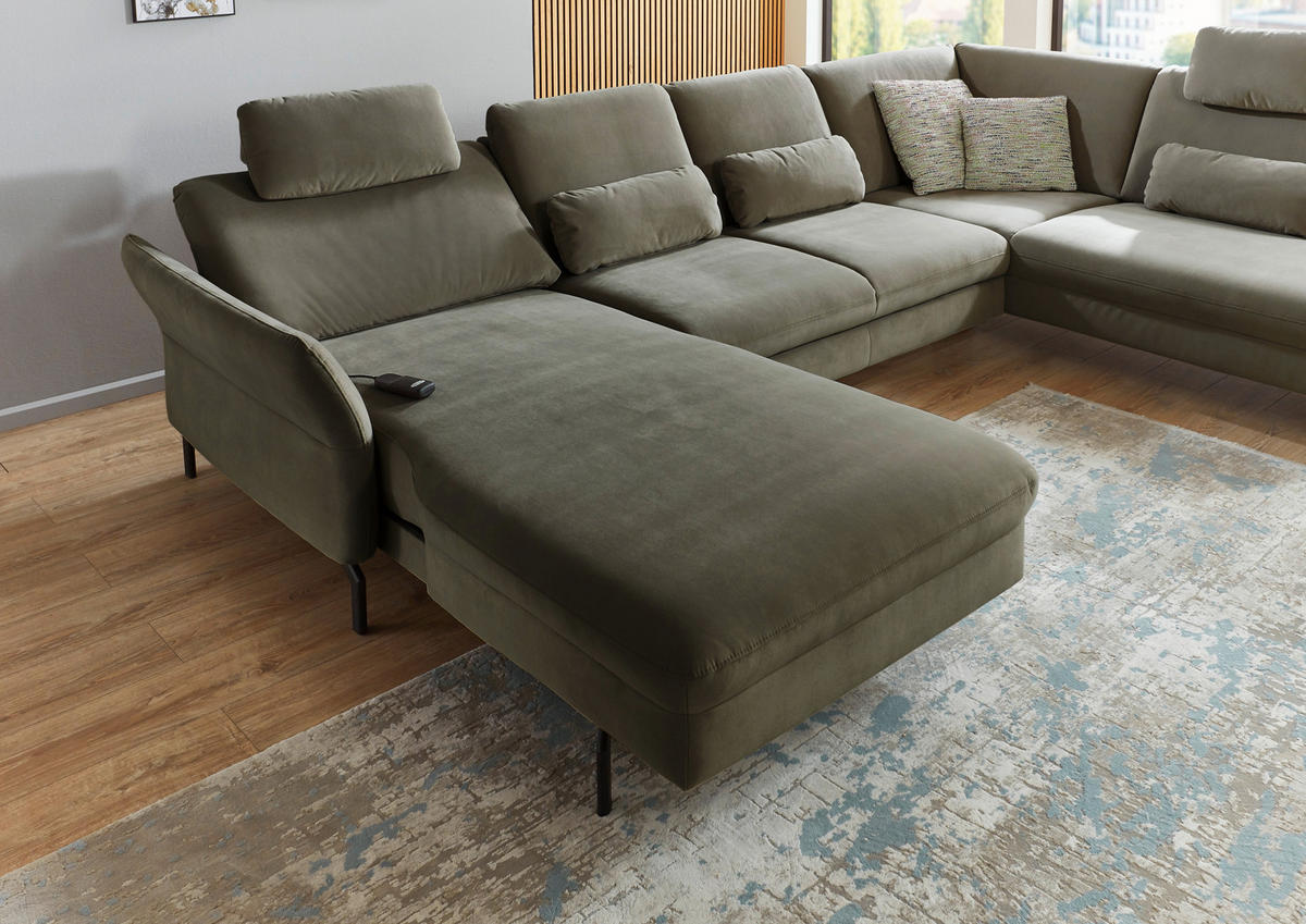 WOHNLANDSCHAFT in Velours Olivgrün  - Schwarz/Olivgrün, Design, Textil/Metall (179/335/220cm) - Beldomo System