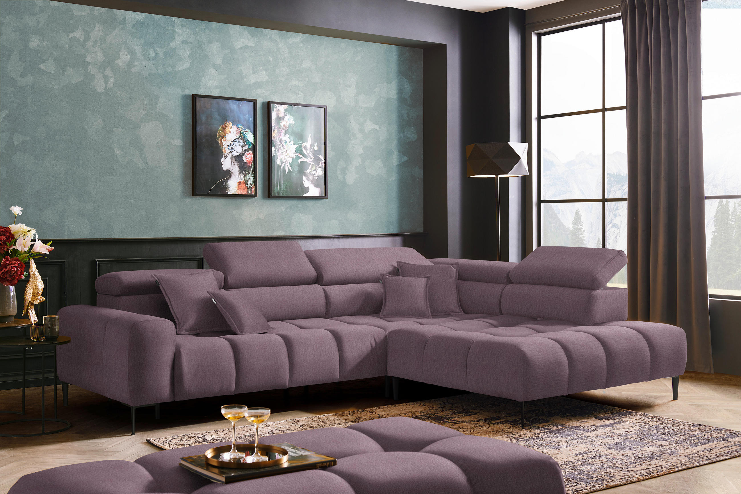 ECKSOFA in Samt, Webstoff Flieder  - Flieder/Schwarz, Design, Textil/Metall (300/216cm) - Welnova