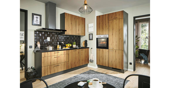 ECKKÜCHE 220/120 cm  in Graphitfarben, Schwarz, Eiche Wotan  - Eiche Wotan/Schwarz, Design, Holzwerkstoff/Metall (220/120cm) - Xora