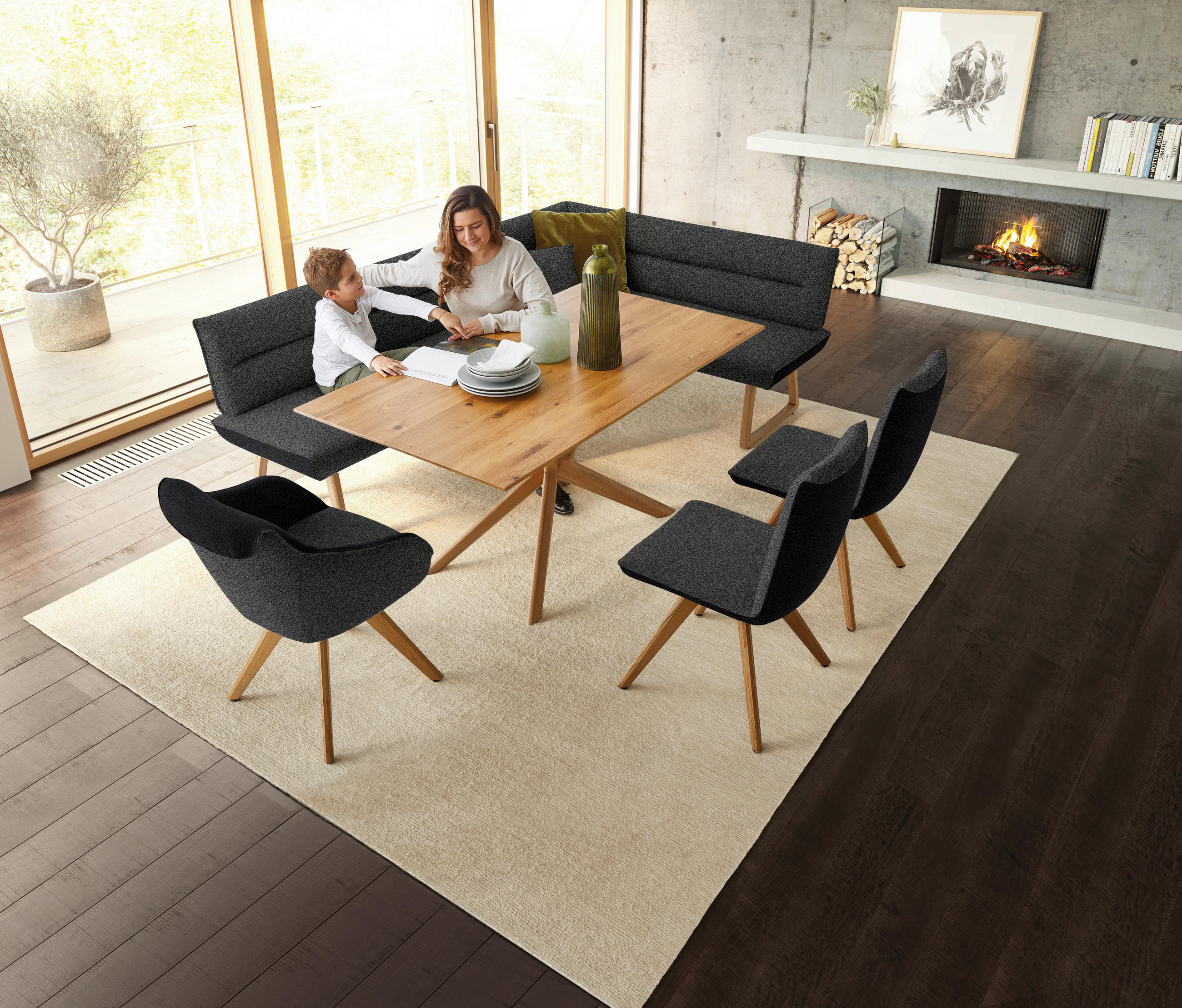 ECKBANK in Textil Anthrazit, Schwarz  - Eichefarben/Anthrazit, Design, Holz/Textil (162/237cm) - Koinor