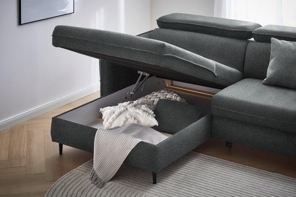 ECKSOFA in Flachgewebe Dunkelgrau  - Dunkelgrau/Schwarz, Design, Holz/Textil (185/232cm) - Stylife