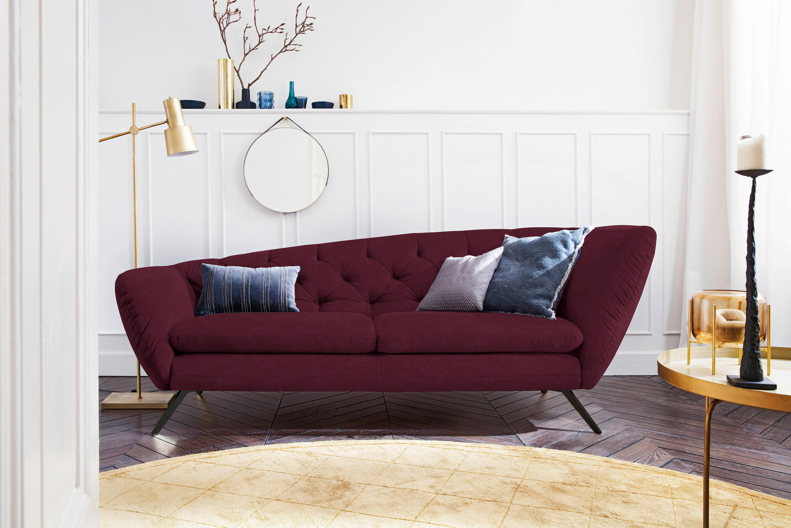 CHESTERFIELD-SOFA in Mikrofaser Schwarz, Beere  - Beere/Schwarz, Design, Textil/Metall (223/84/90cm) - Pure Home Lifestyle